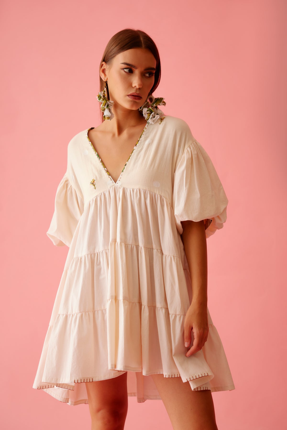 Cream Solid Bubble Sleeves Tier Dress