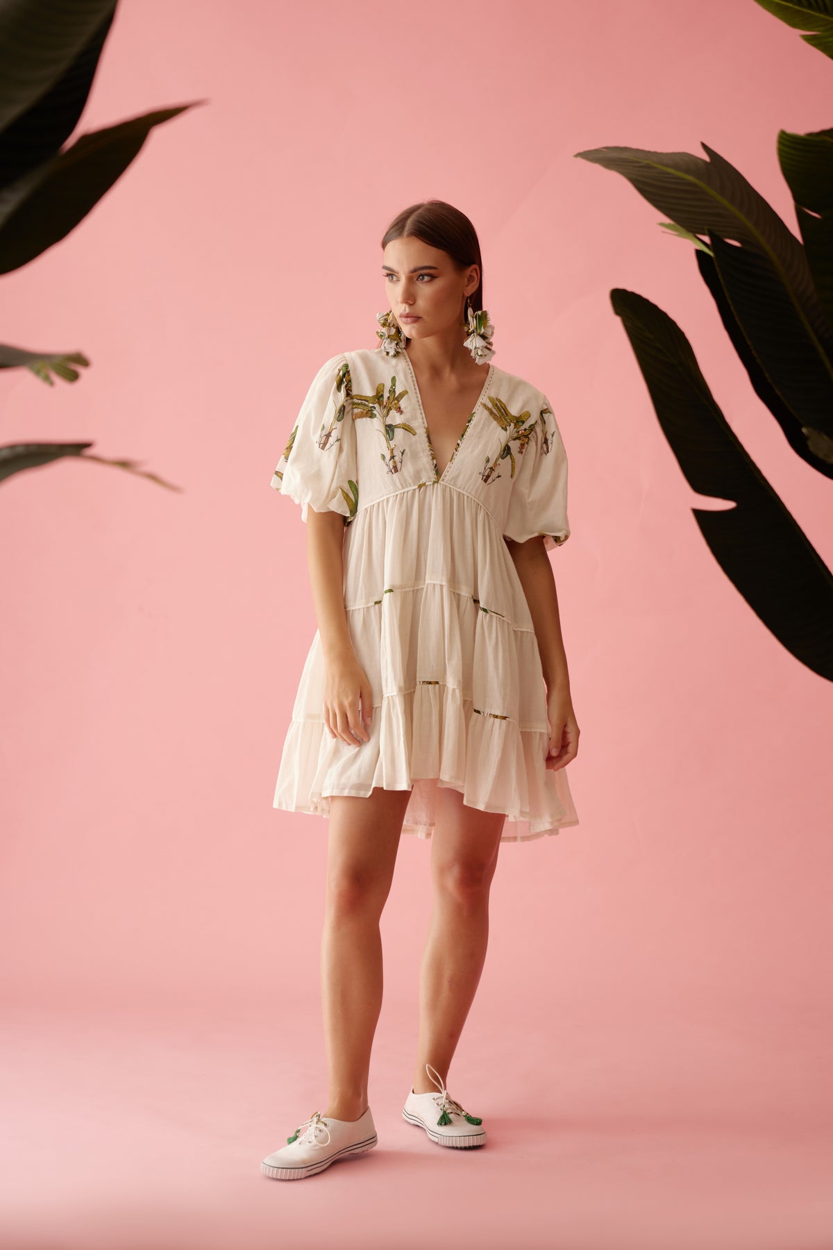 Cream Bubble Sleeves Tier Dress