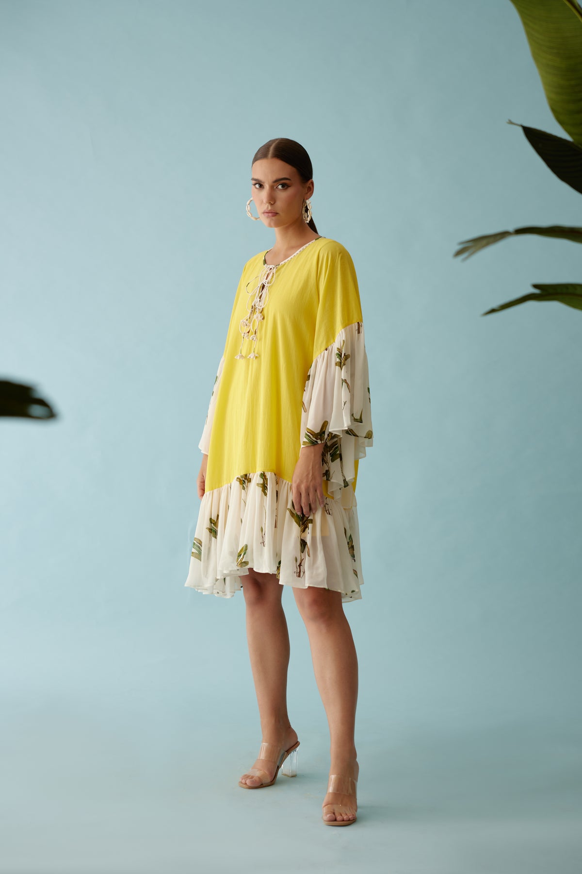 Yellow Banana Tree Print Frill Dress