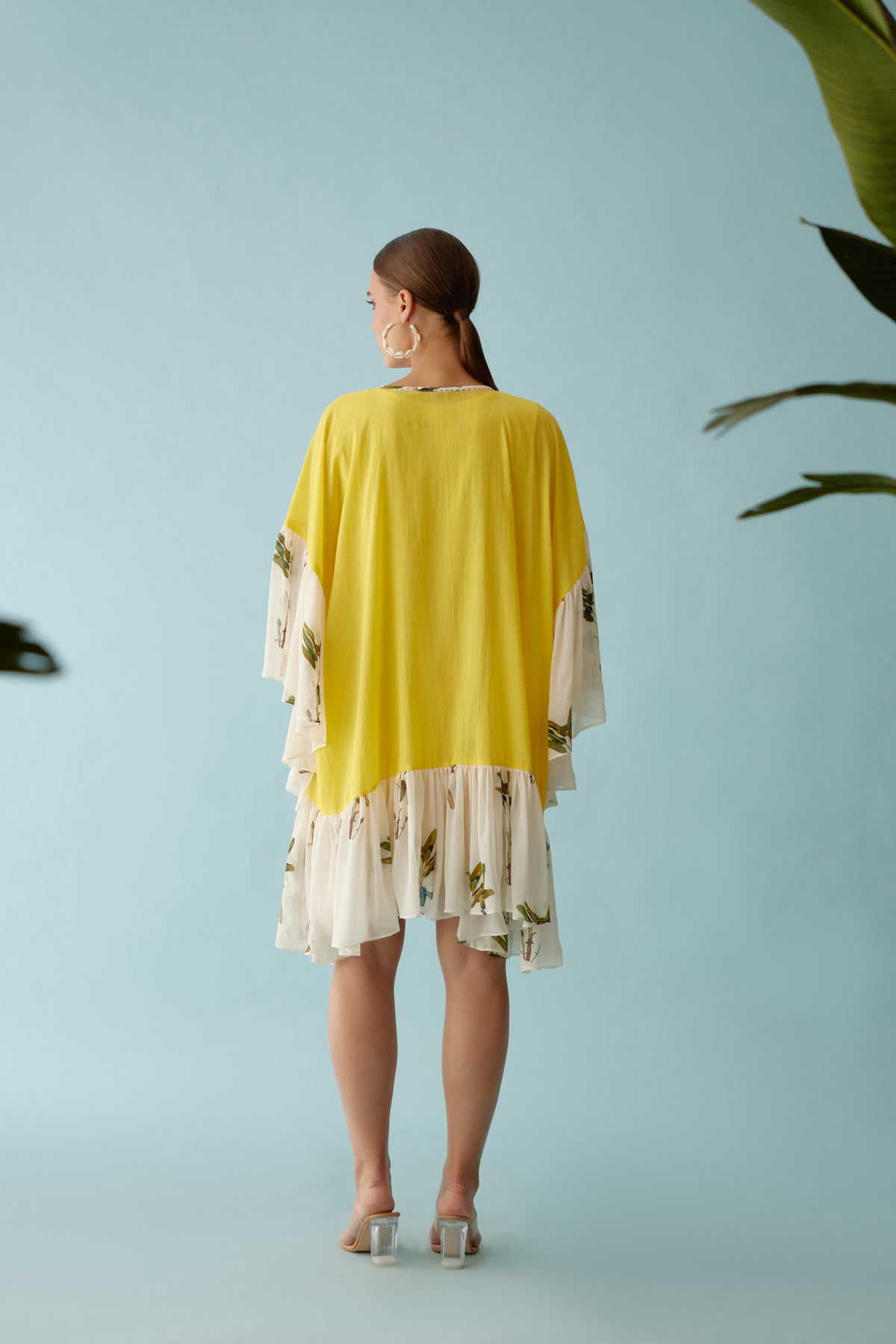 Yellow Banana Tree Print Frill Dress