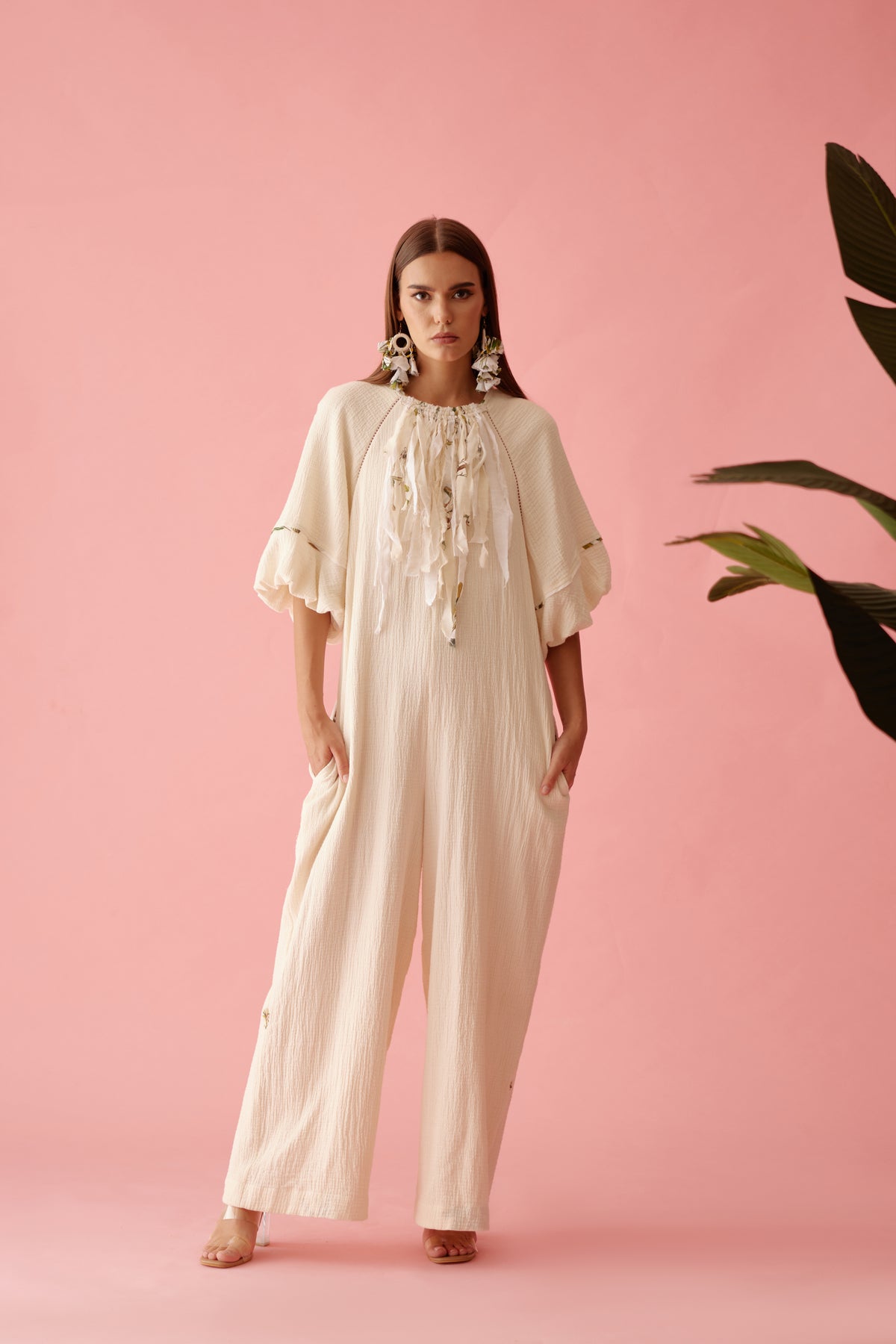 Cream Fringe Neckline Jumpsuit