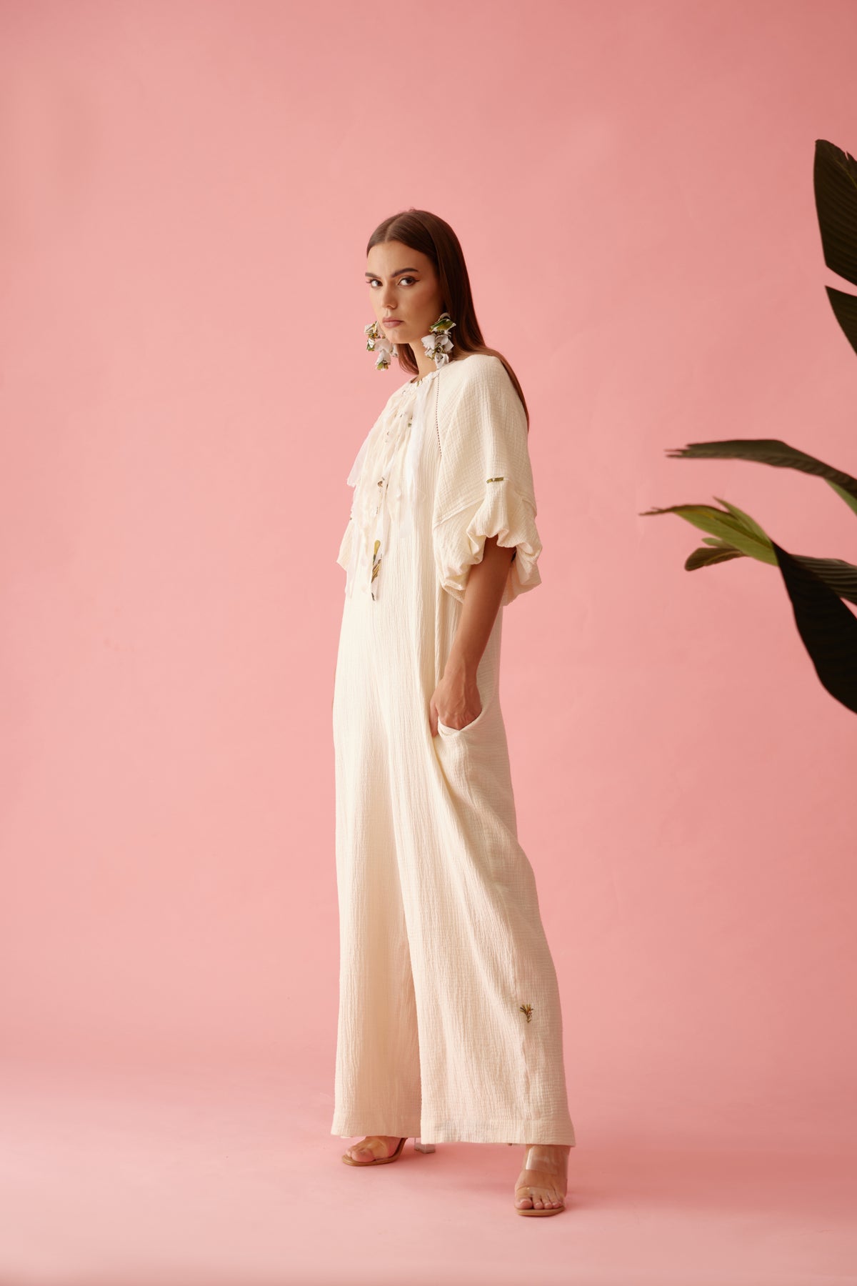 Cream Fringe Neckline Jumpsuit