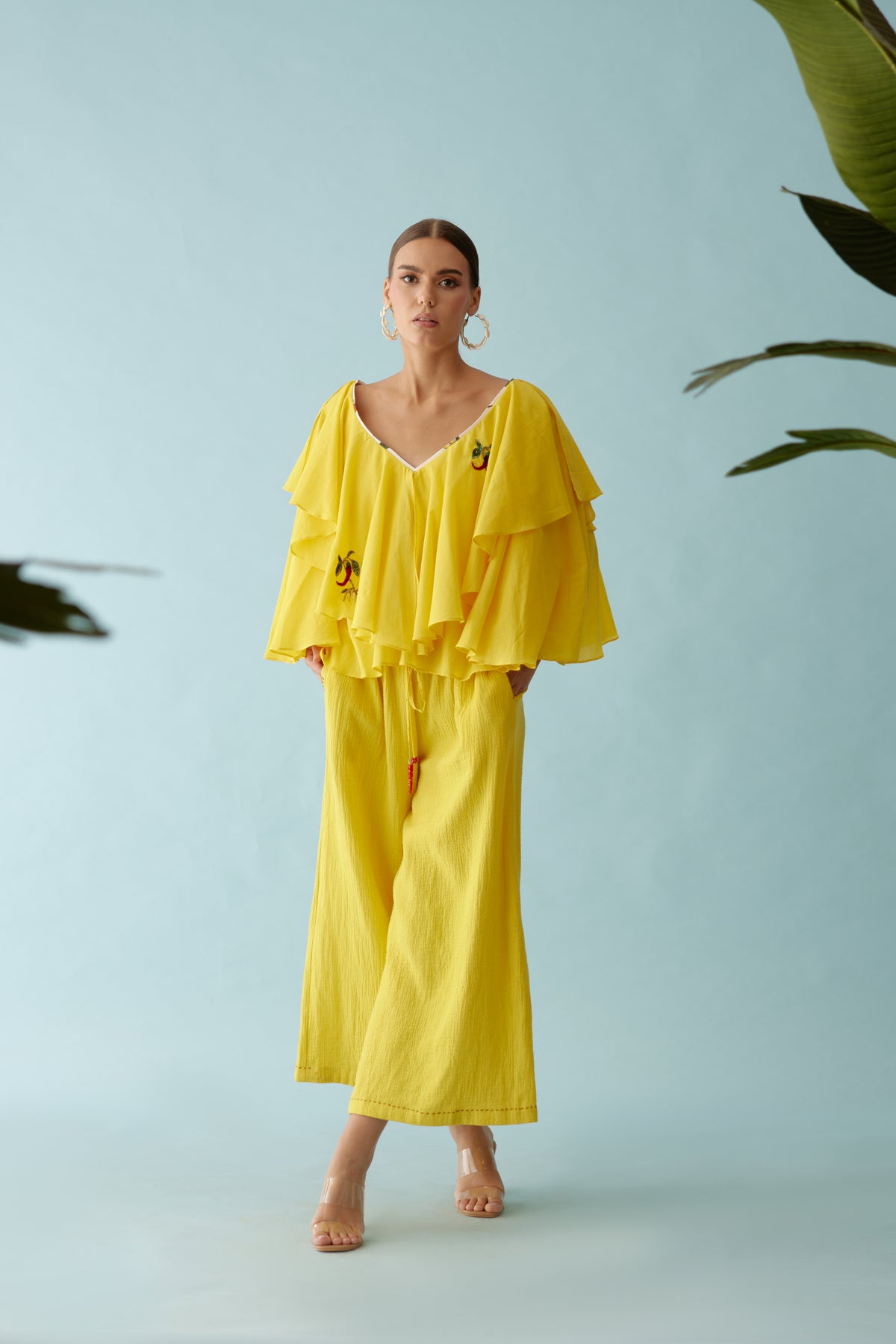 Yellow Chilli Applique Wide Leg Pants