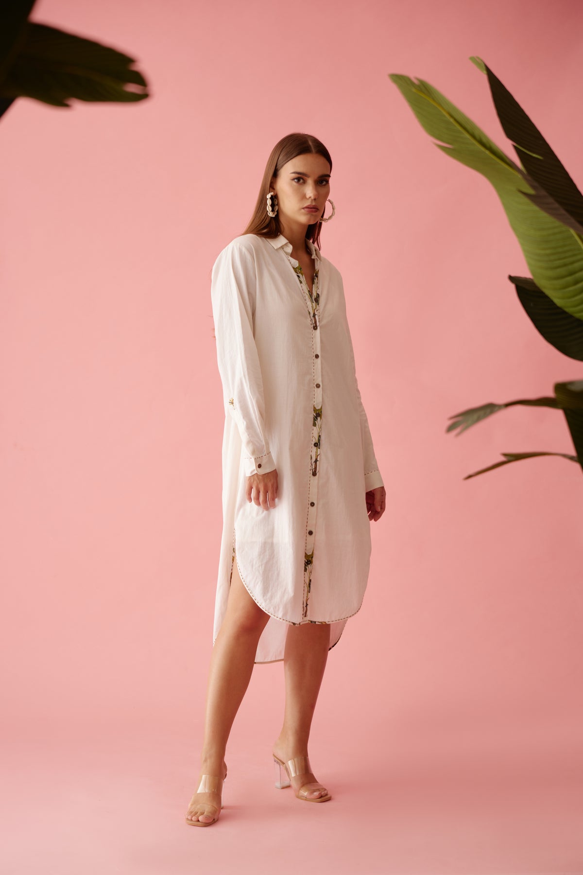 Cream Banana Tree Applique Shirt Dress