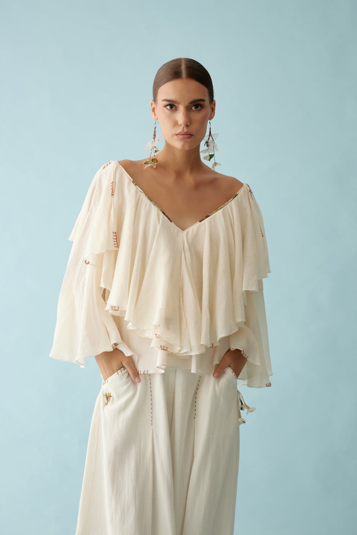 Cream Banana Tree Applique Frill Top