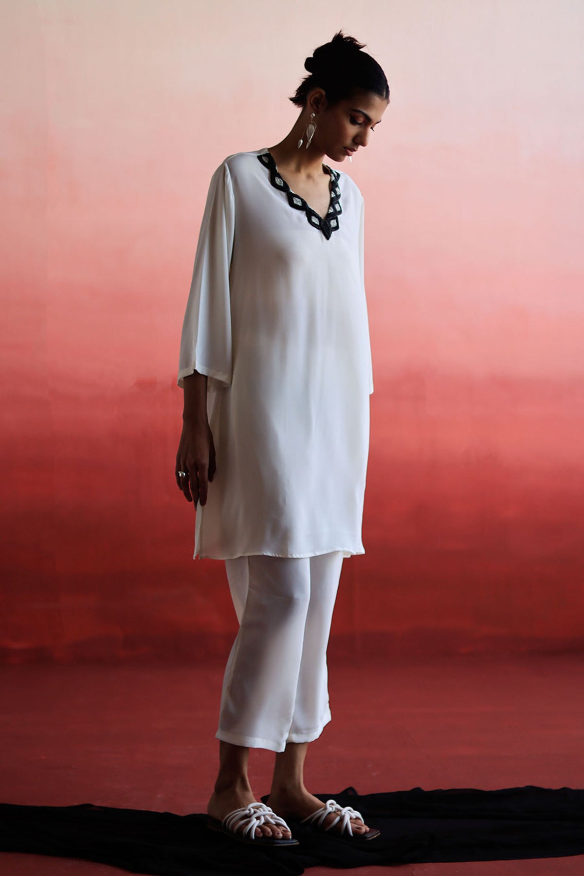 White V Embroidered Kurta Set