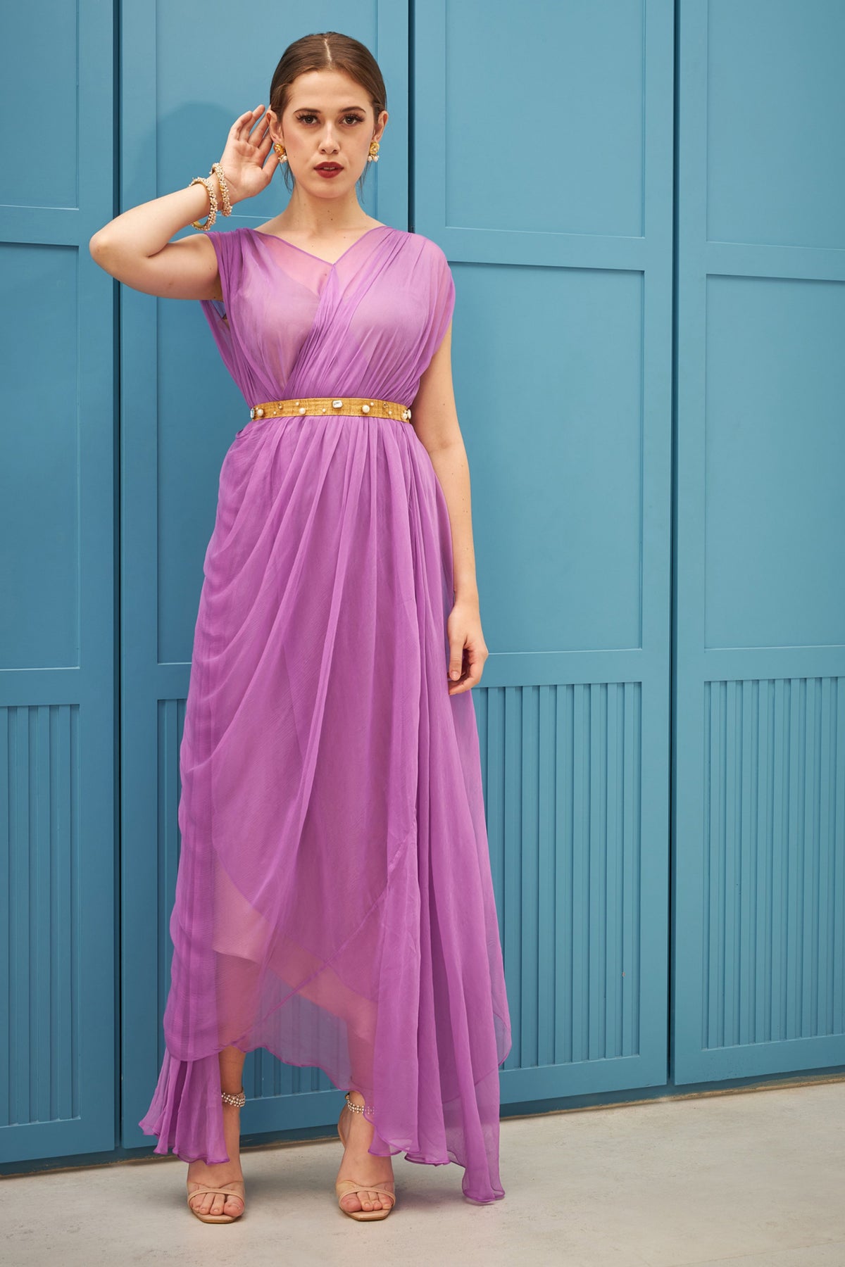 Asymmetric Draped Gown Dress