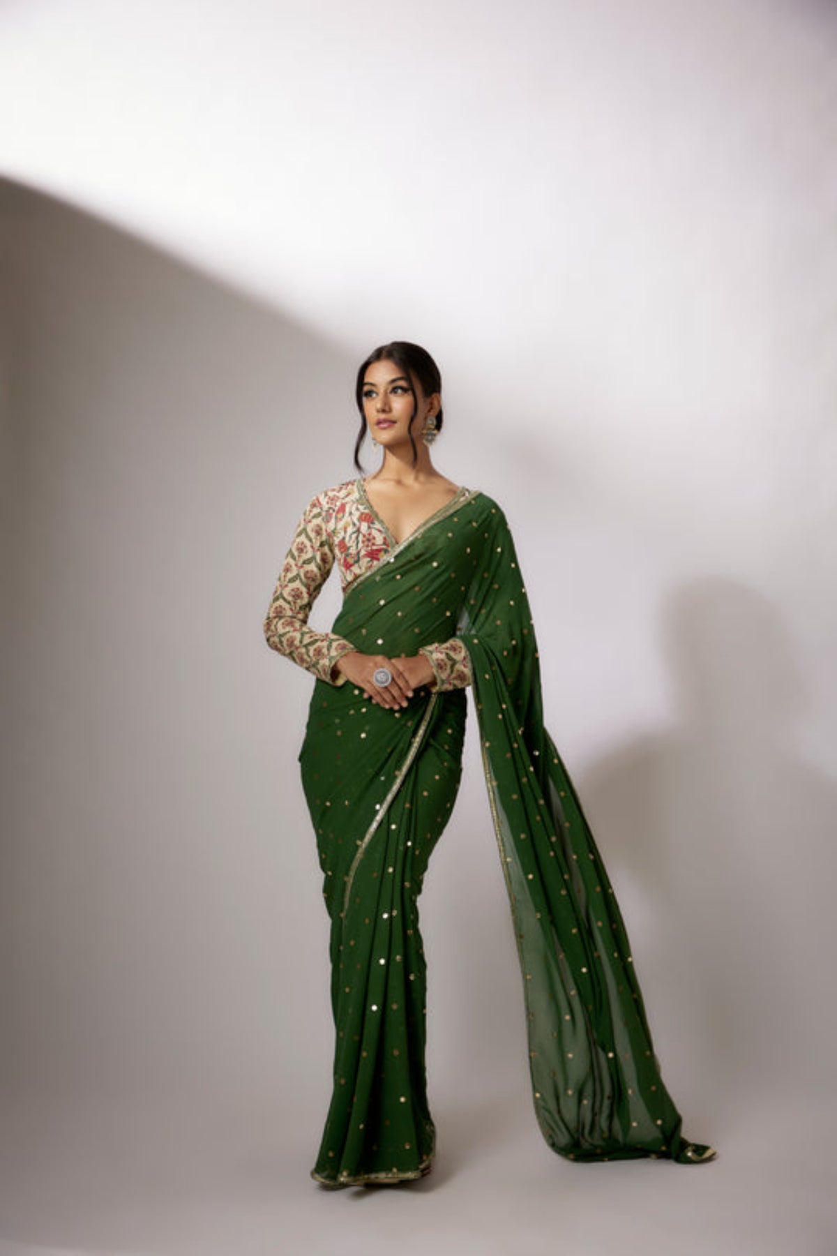 Beige-Green Printed Saree Set