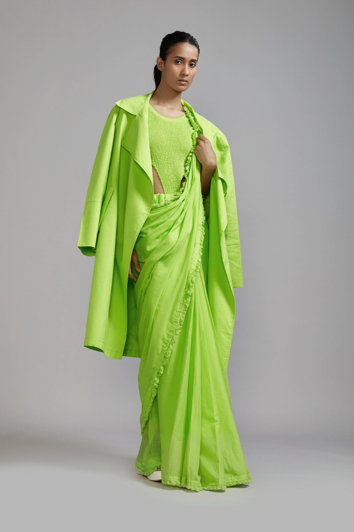 Neon Green Saree And Jacket Set