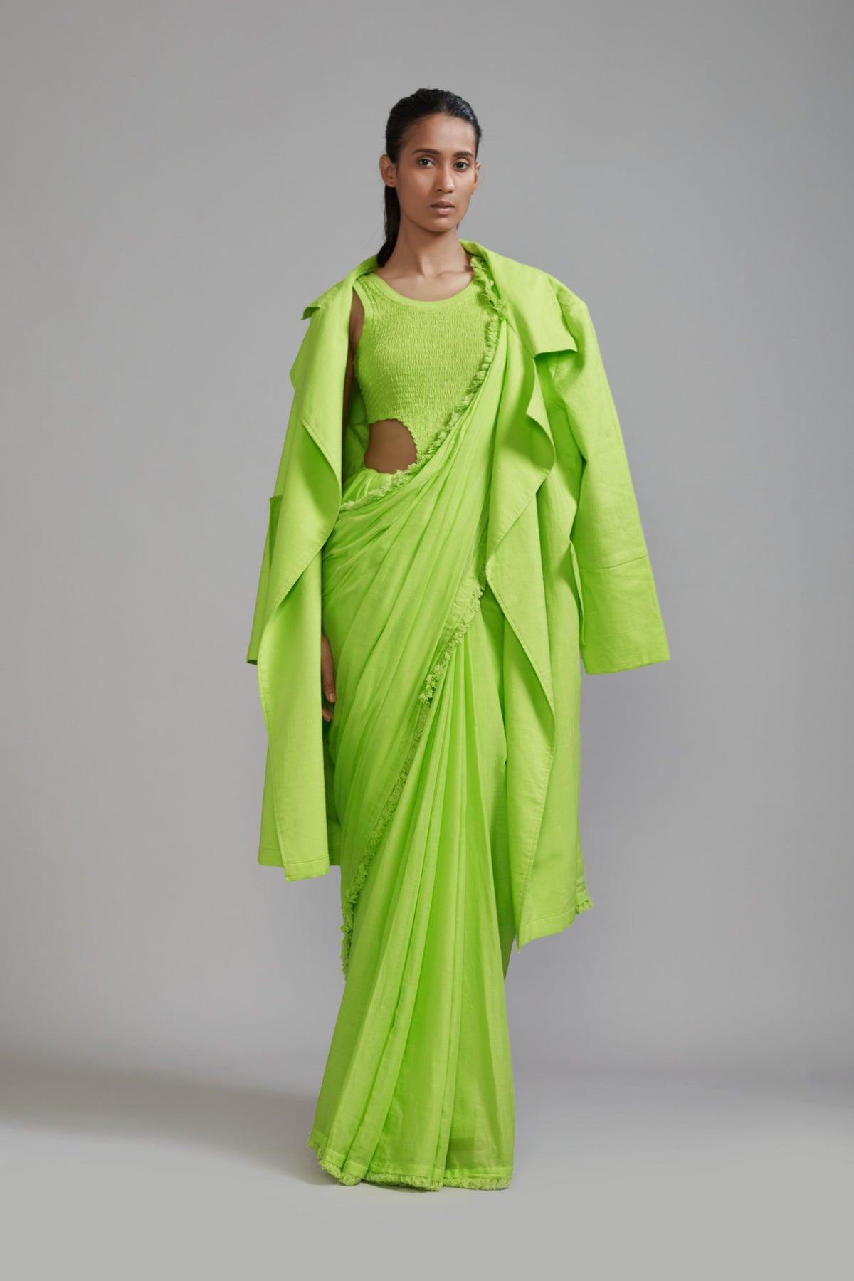 Neon Green Saree And Jacket Set