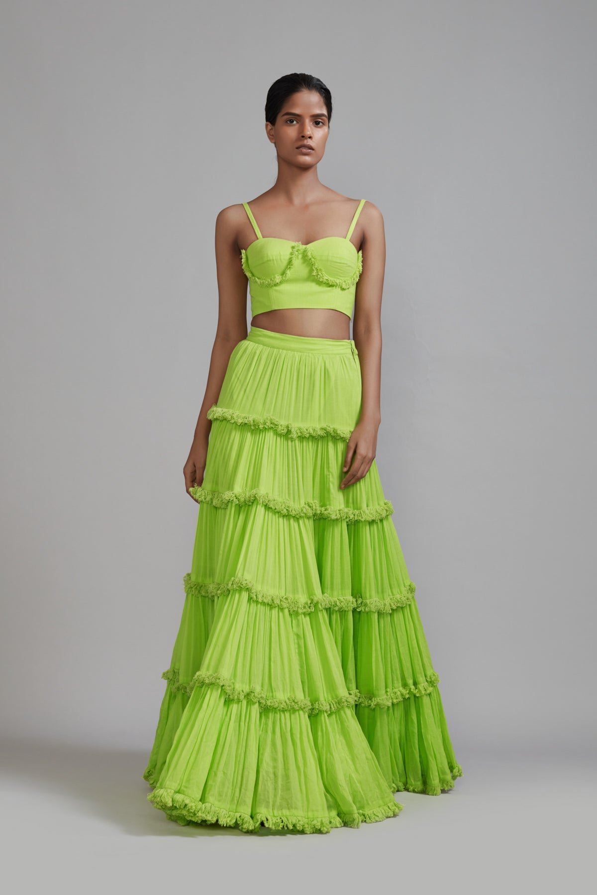 Neon Green Fringed Tiered Lehenga Set