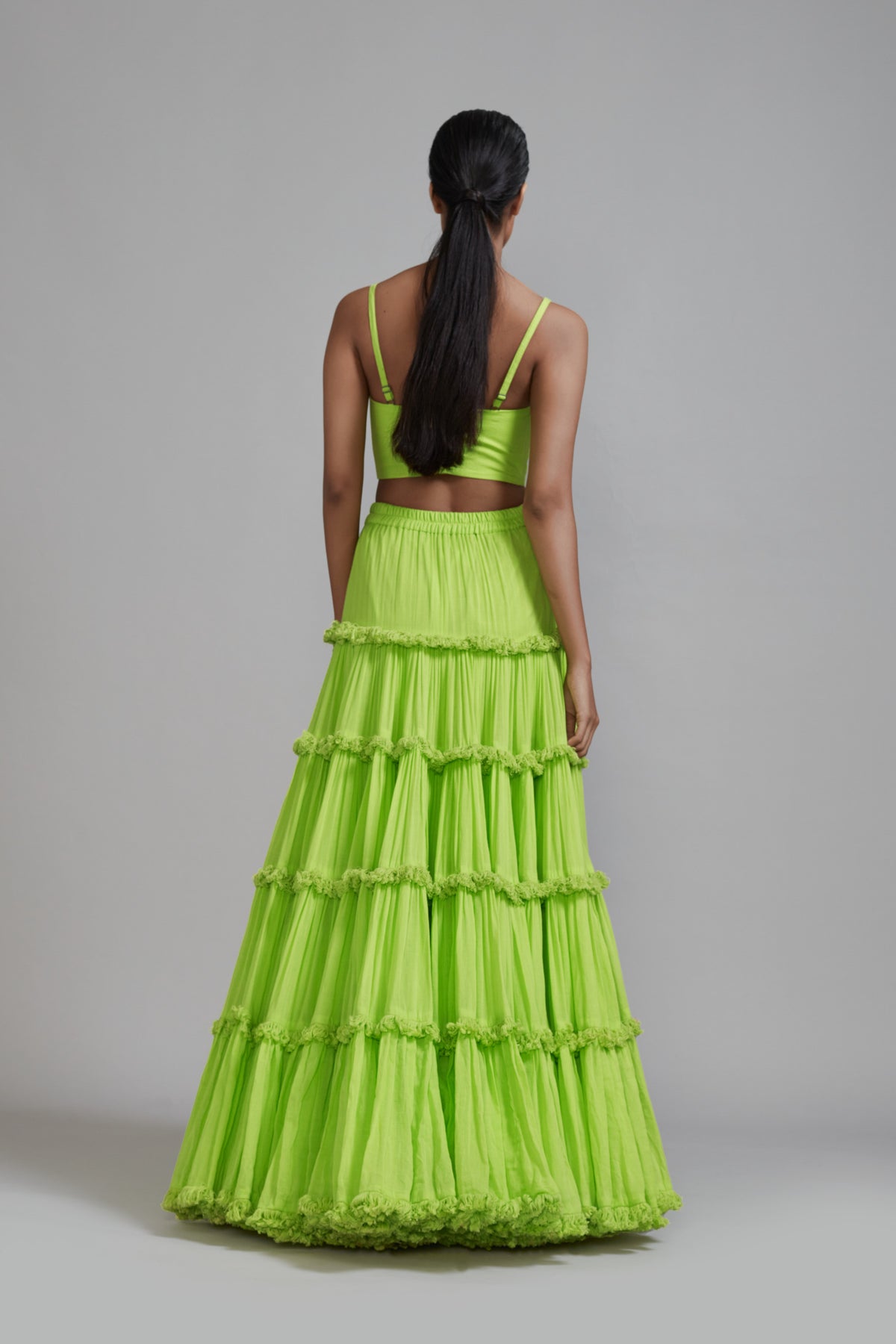 Neon Green Fringed Tiered Lehenga Set