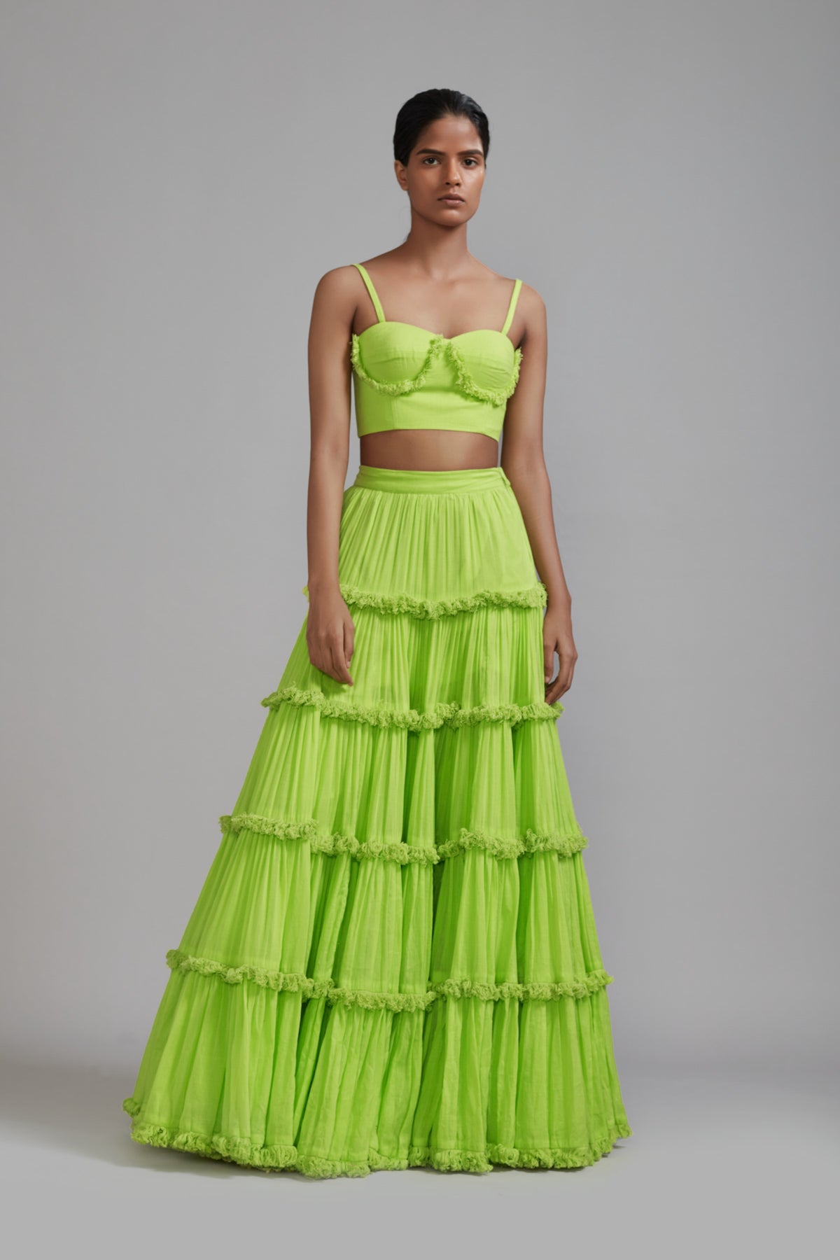 Neon Green Fringed Tiered Lehenga Set