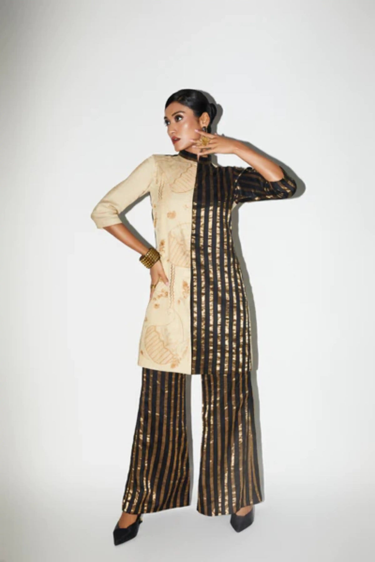 Black &amp; Gold Embroidered Silk Long Jacket Pant Set