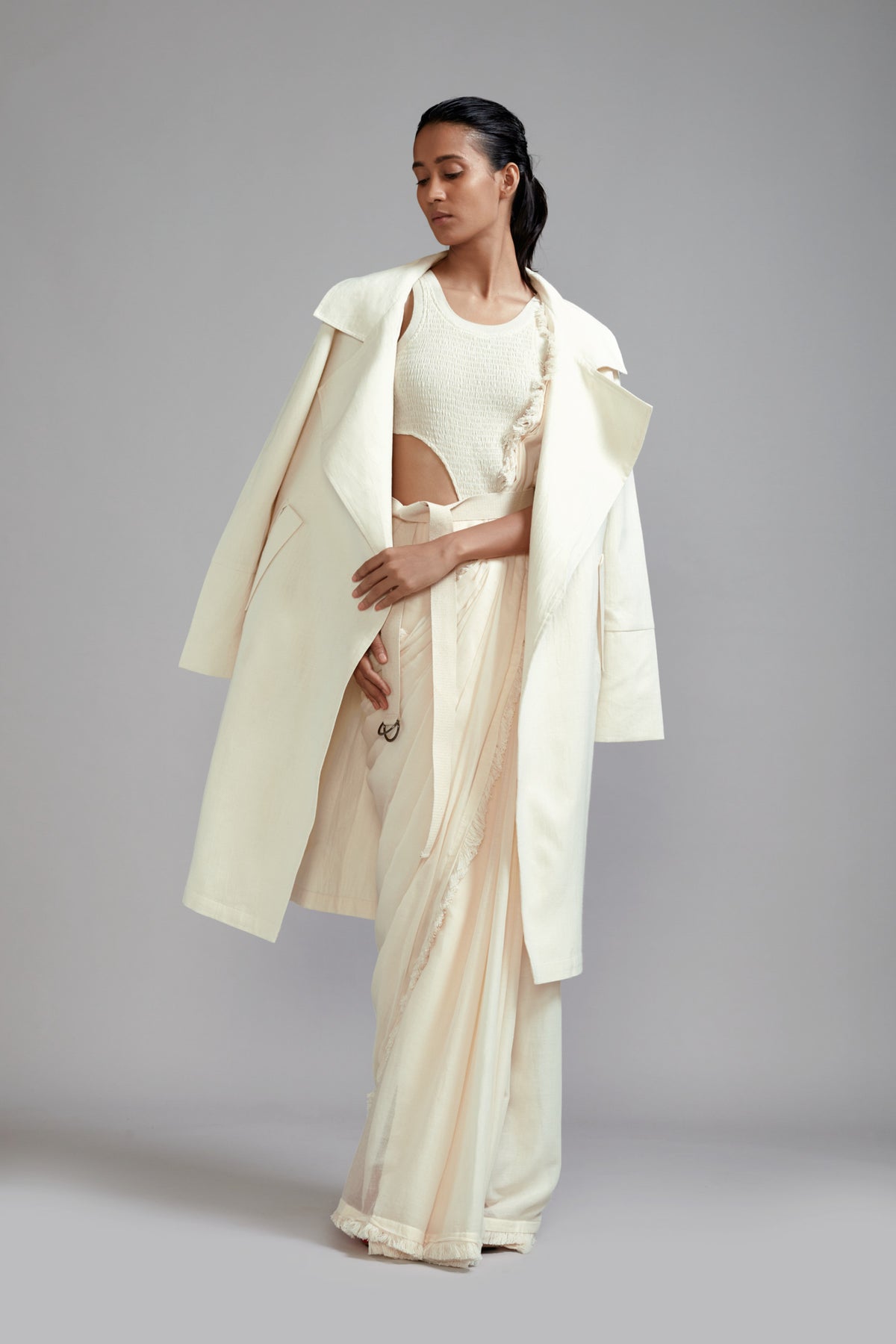 Off white Saree And Jacket Set