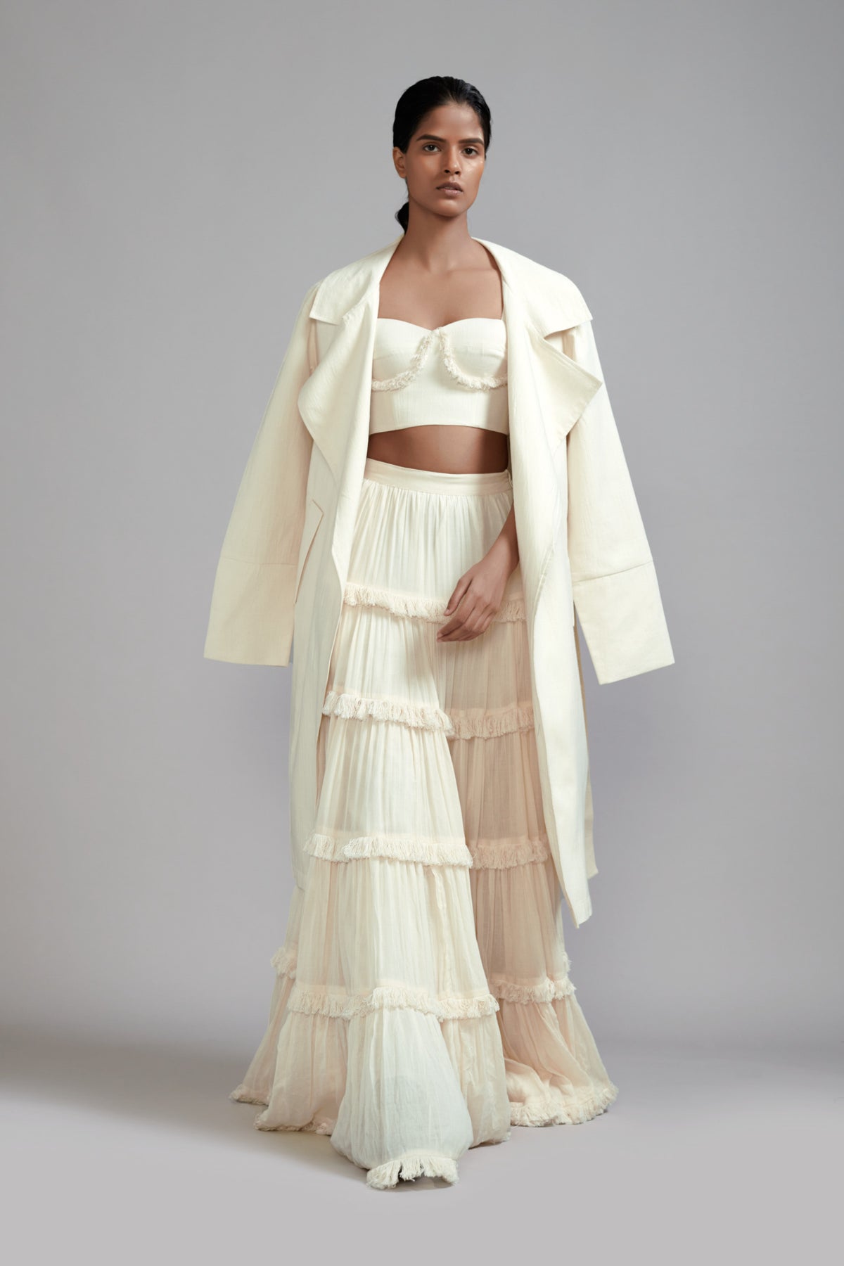 Off white Fringed Lehenga Jacket Set