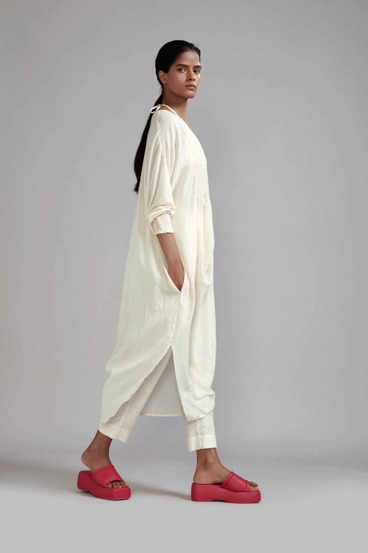 Off White Smocked Cowl Tunic