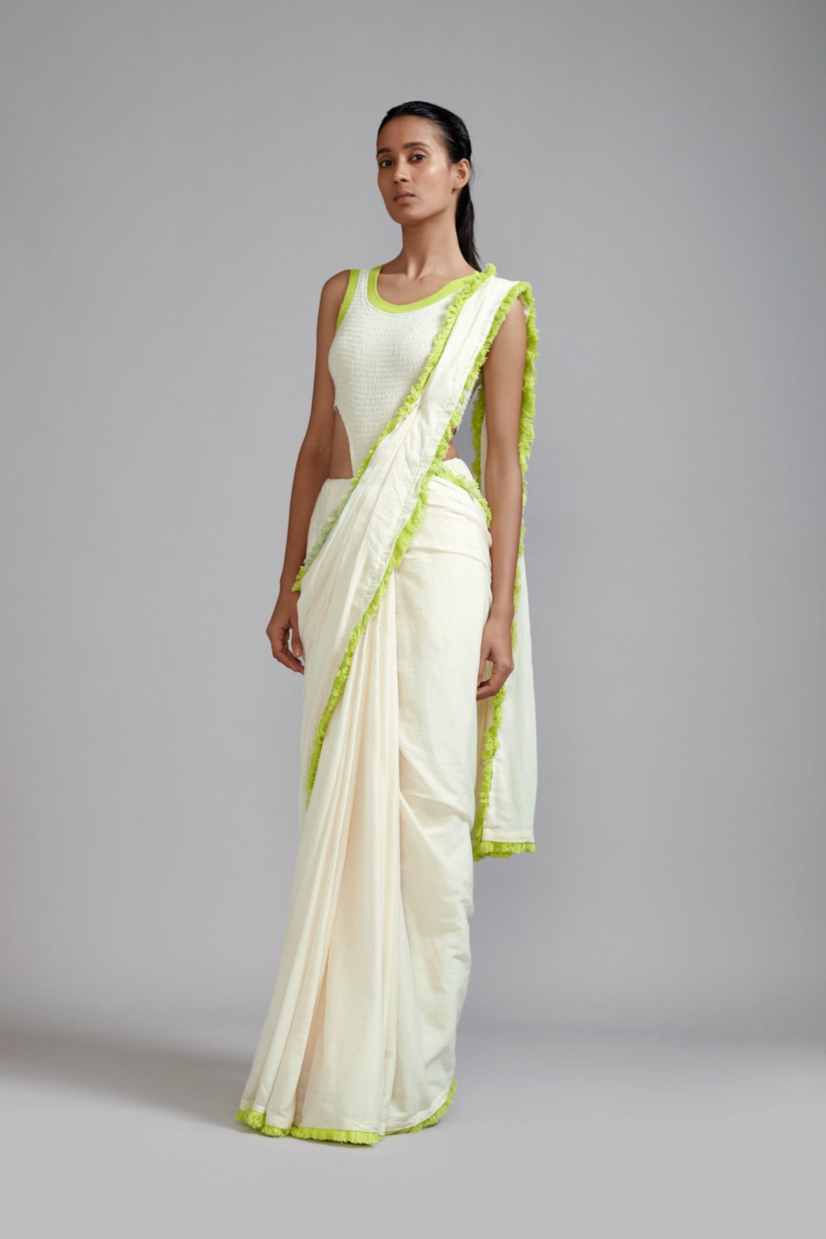 Off white With Neon Green Fringed Saree