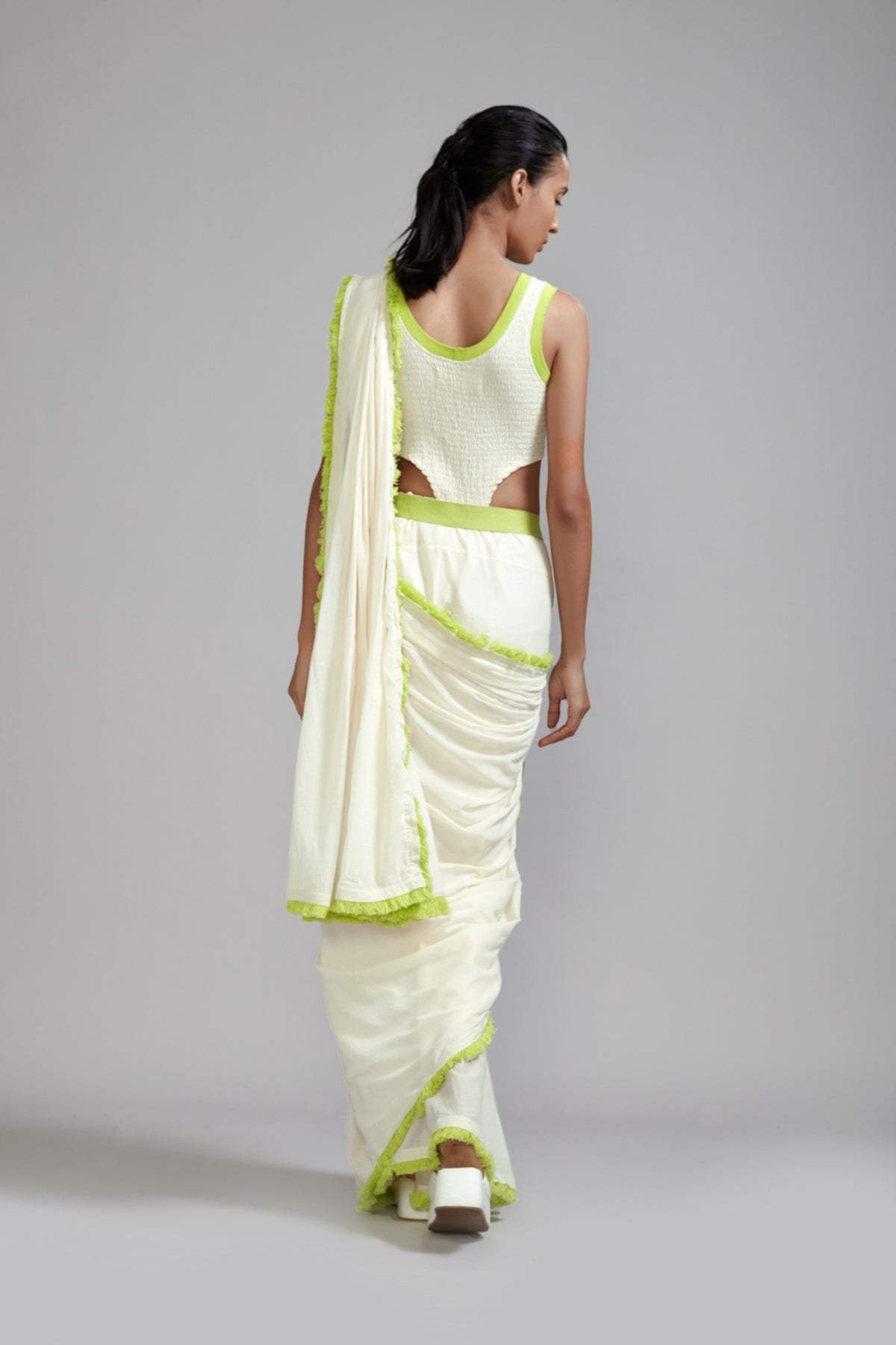 Off white With Neon Green Fringed Saree