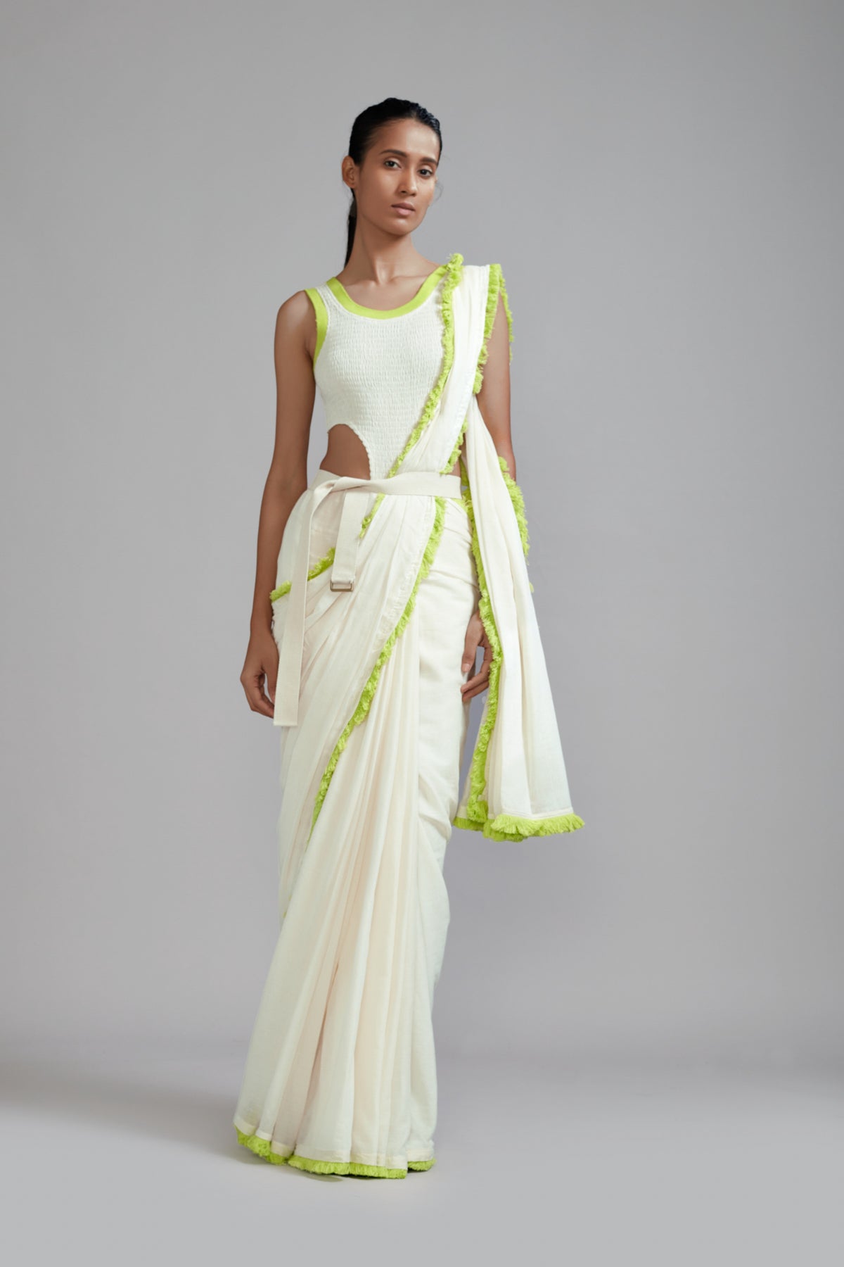 Off white With Neon Green Fringed Saree