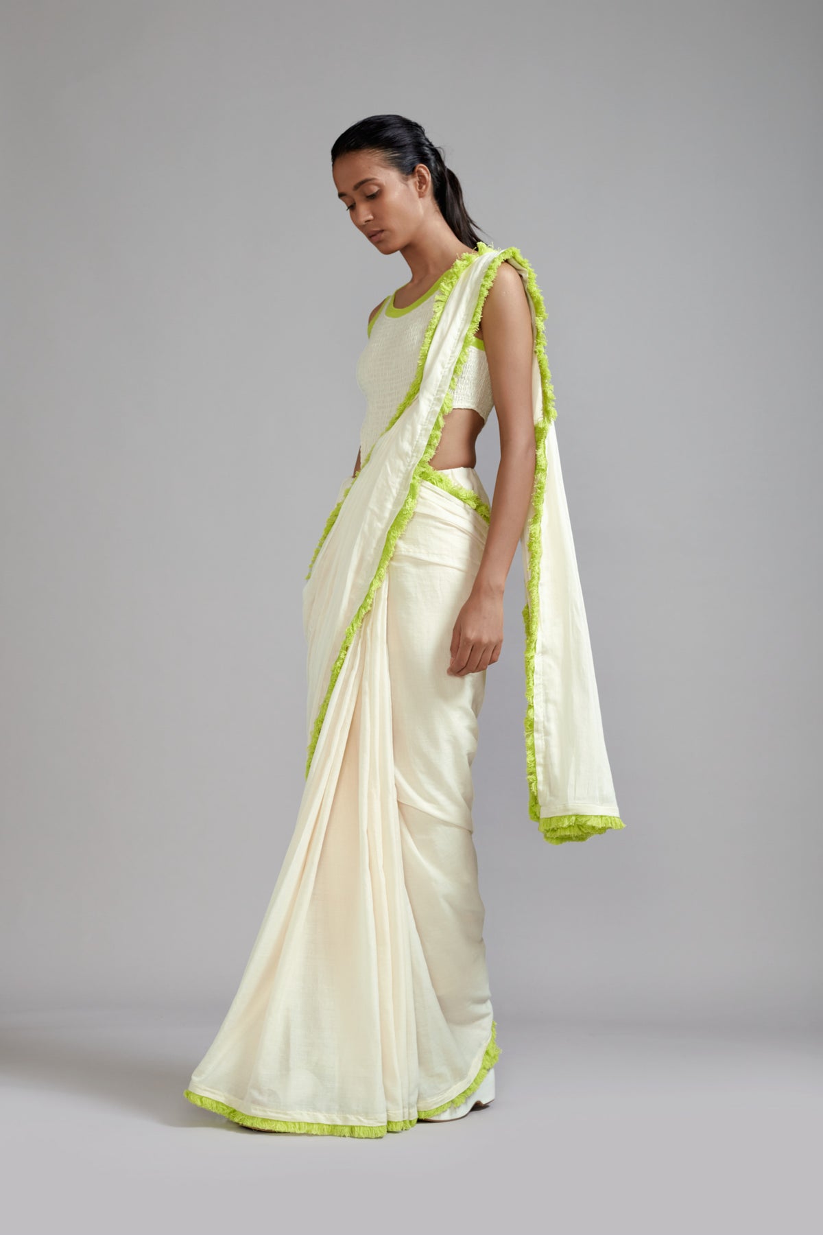 Off white With Neon Green Saree Set