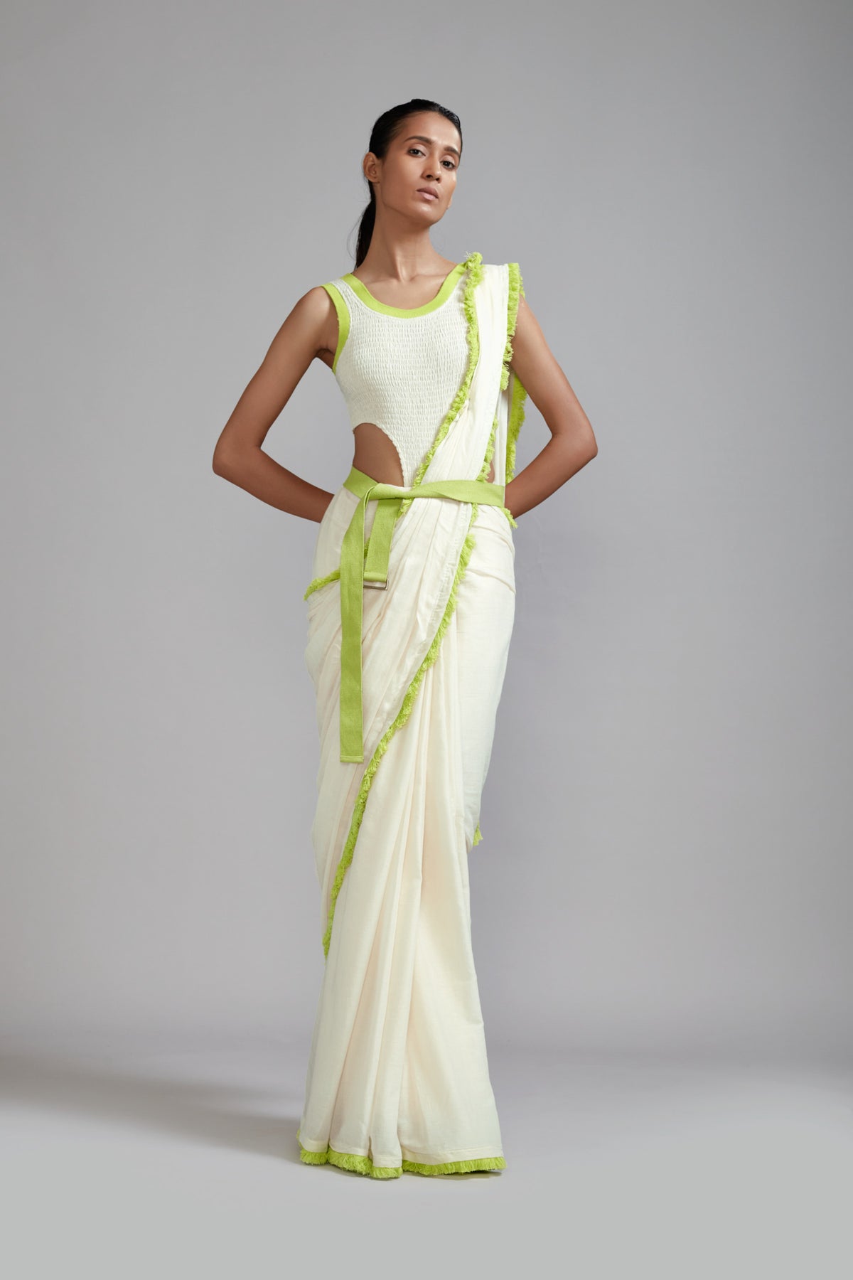 Off white With Neon Green Saree Set