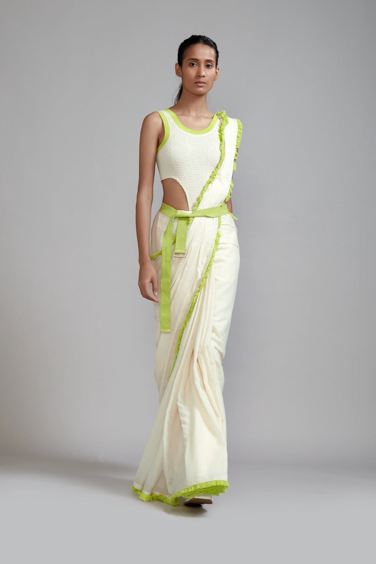 Off white With Neon Green Saree Set