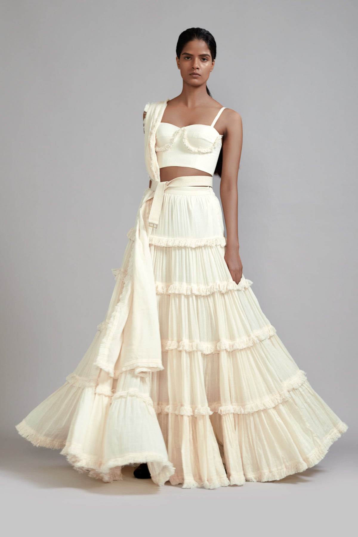 Offwhite Fringed Tiered Lehenga Set