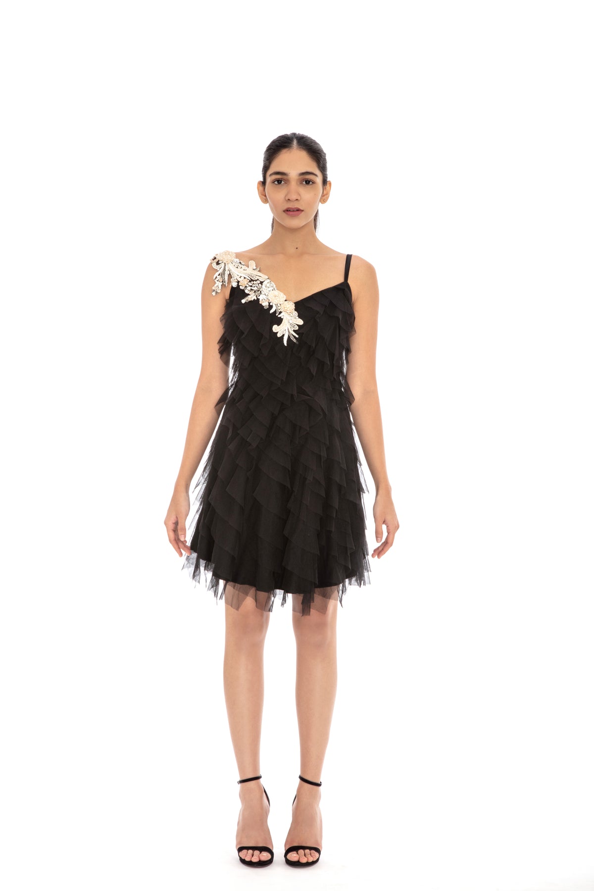 Black ruffled embroidered dress