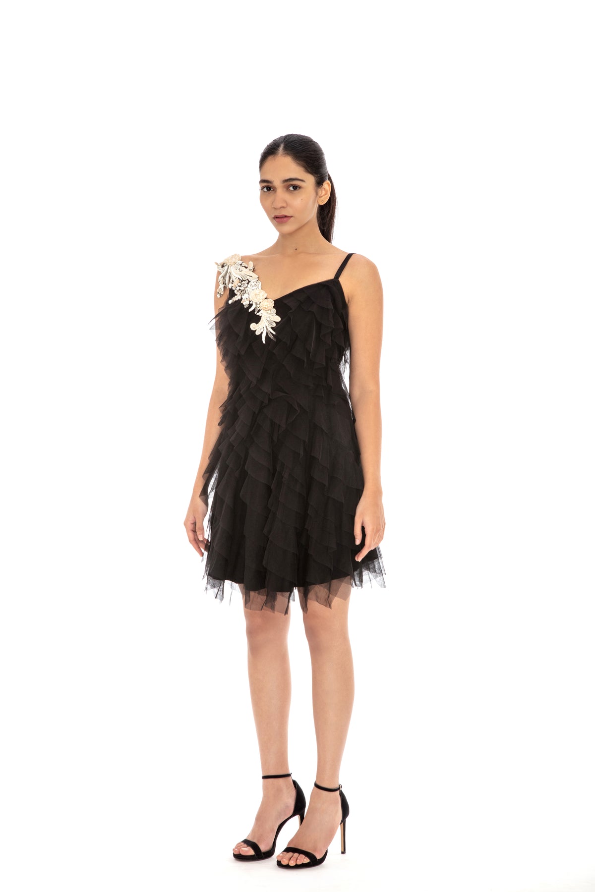 Black ruffled embroidered dress