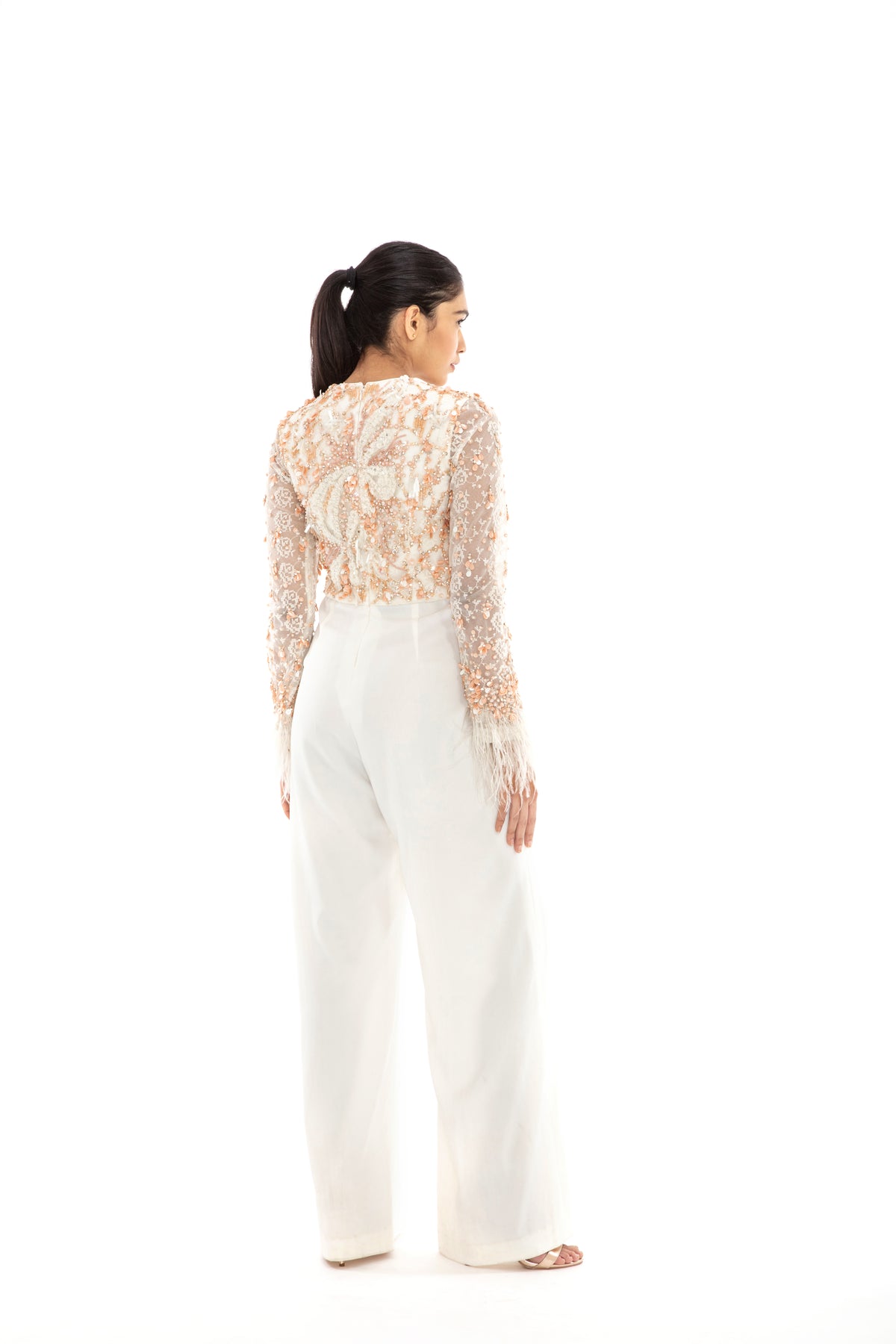 Ivory embroidered flared jumpsuit