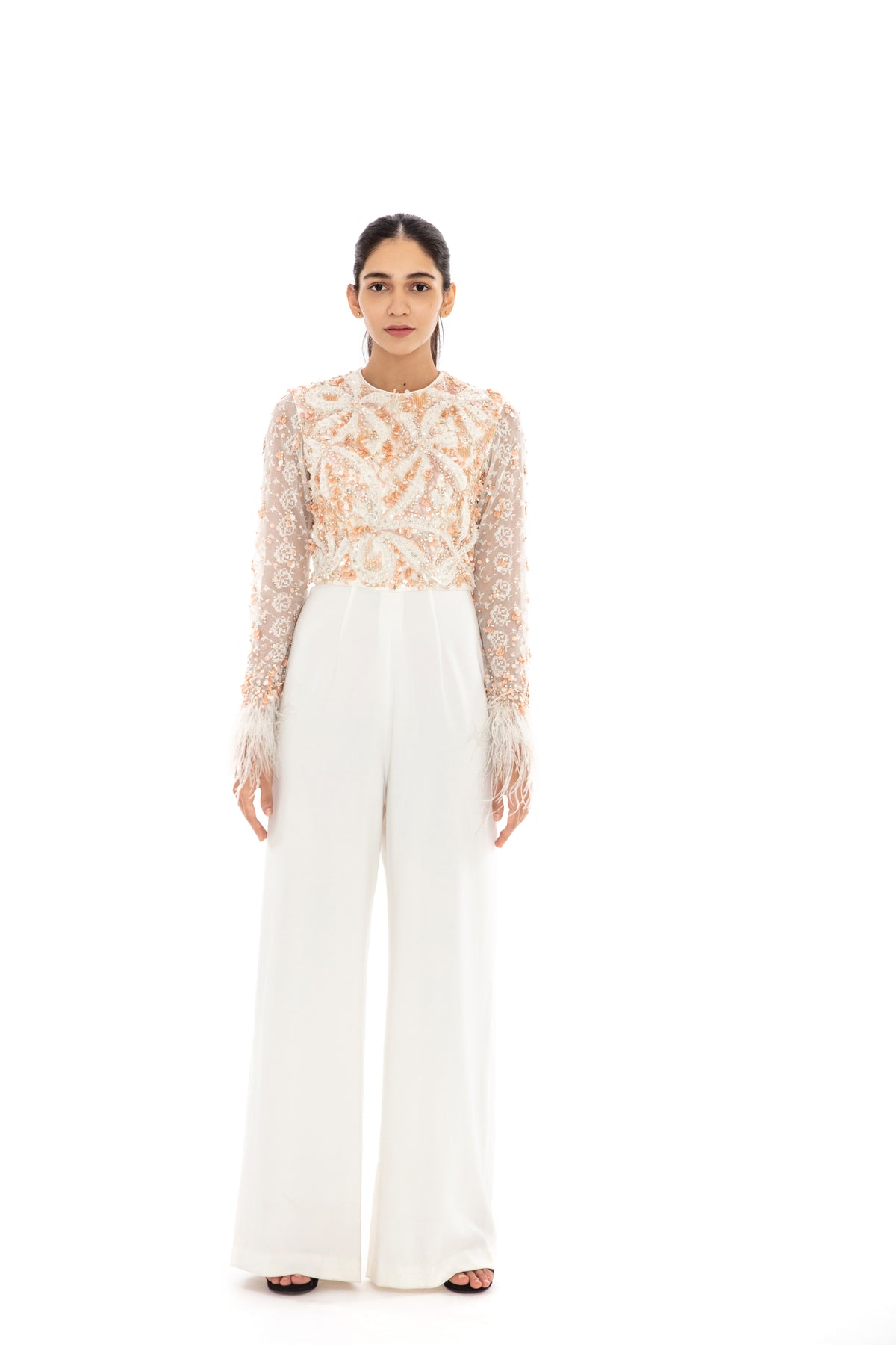 Ivory embroidered flared jumpsuit