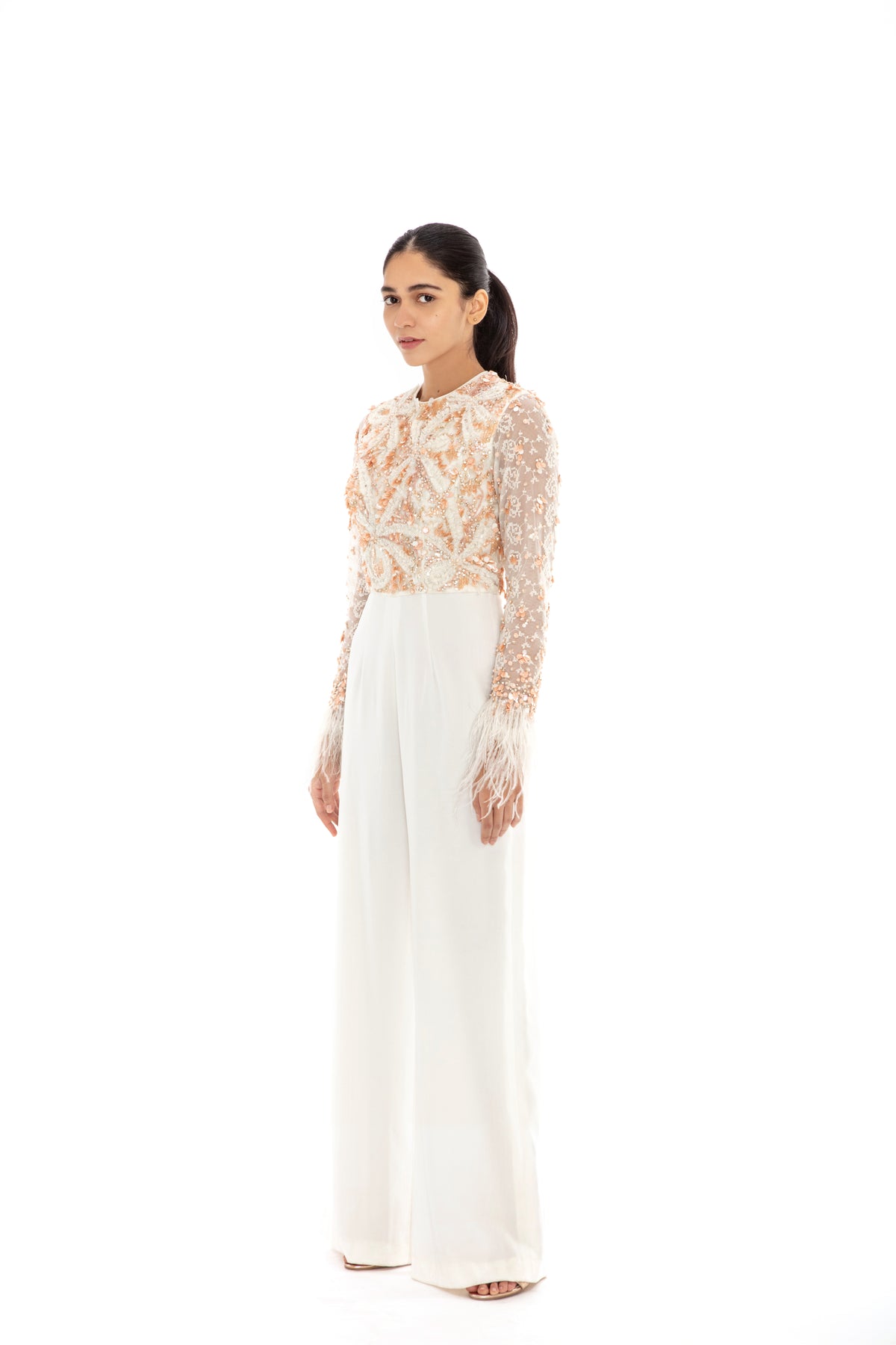 Ivory embroidered flared jumpsuit