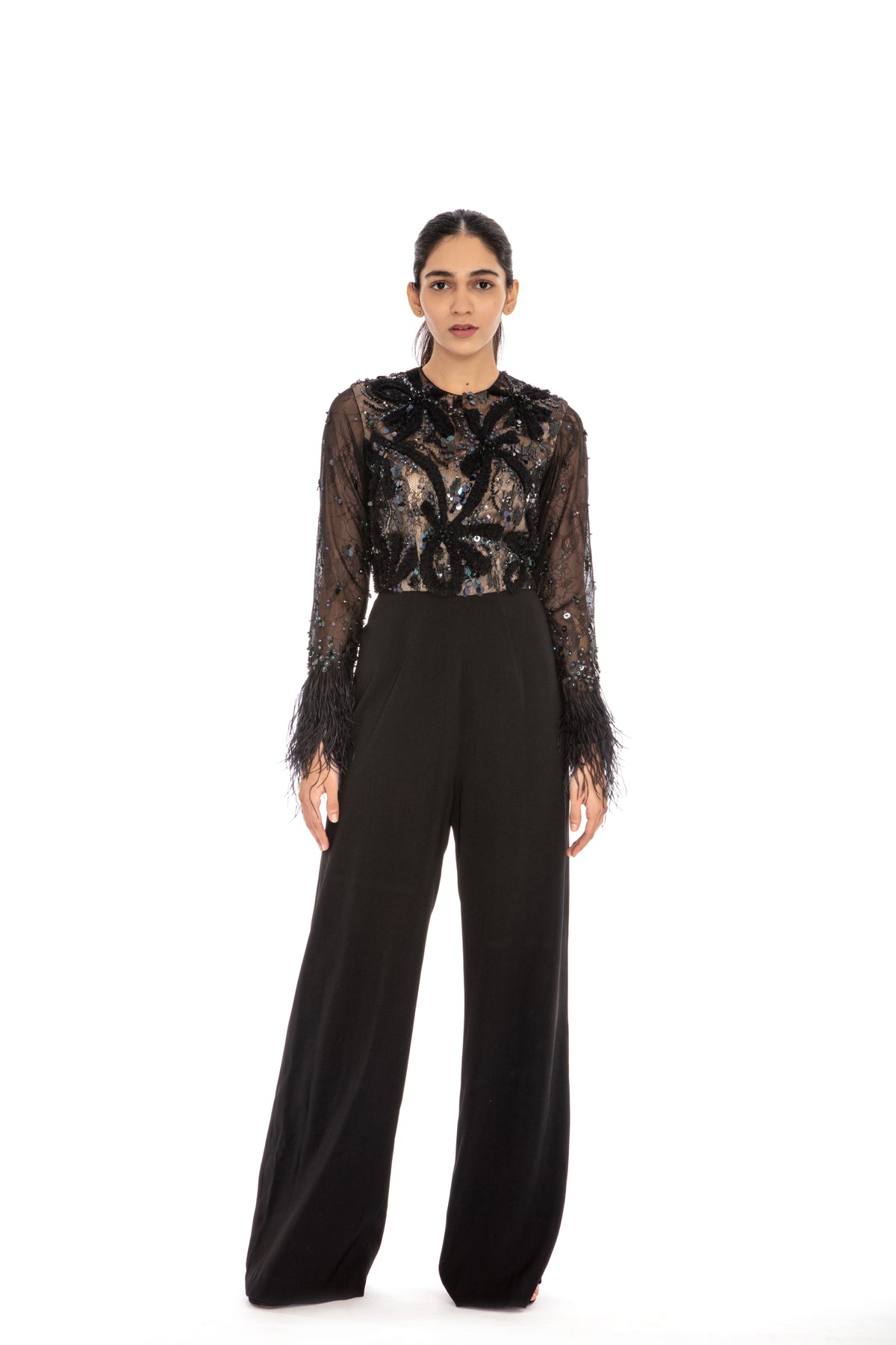 Black embroidered flared jumpsuit