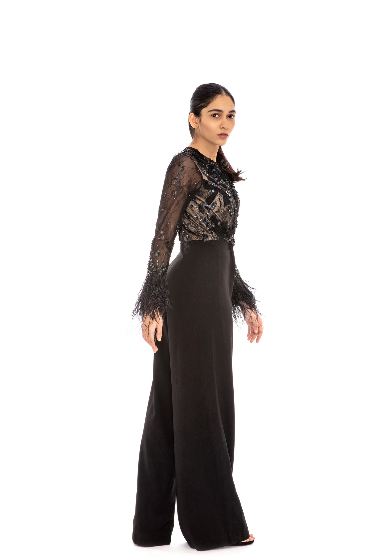 Black embroidered flared jumpsuit