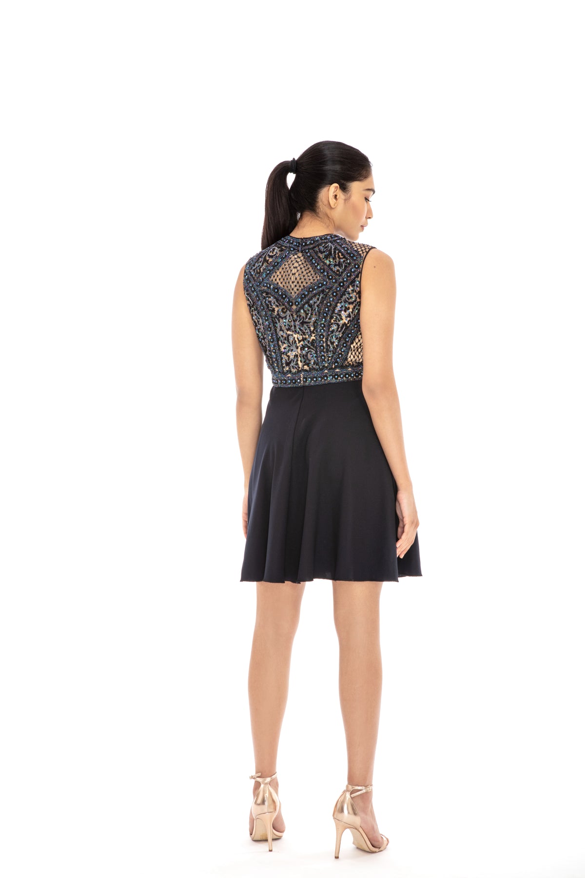 Navy blue embroidered flared dress