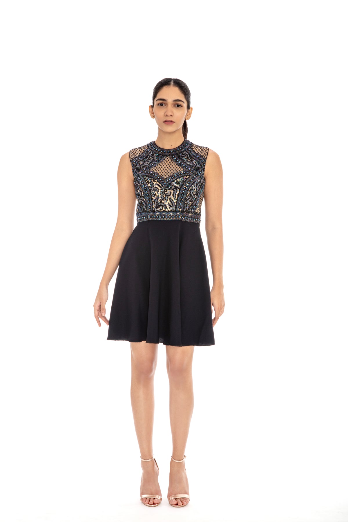 Navy blue embroidered flared dress