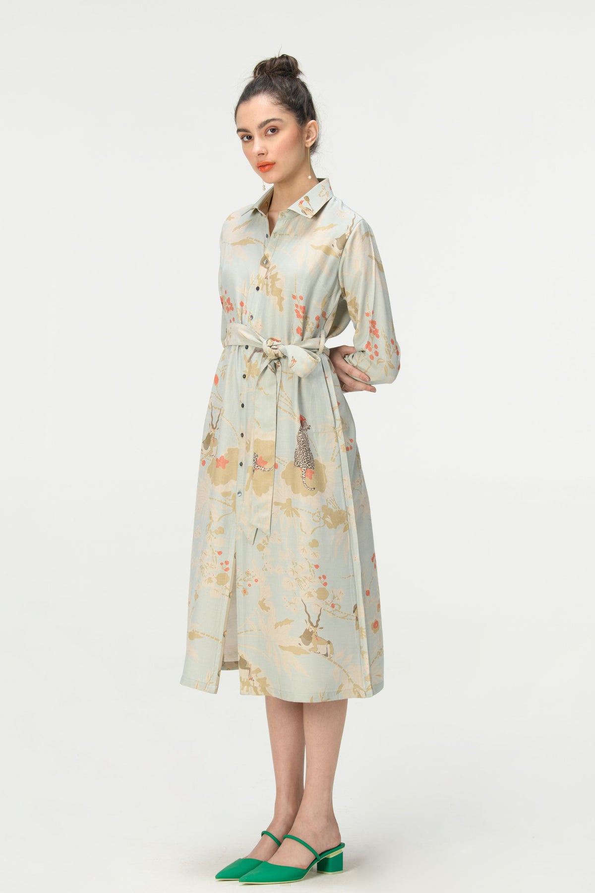 Springforest Ice Blue Tie Belt Shirt Dress