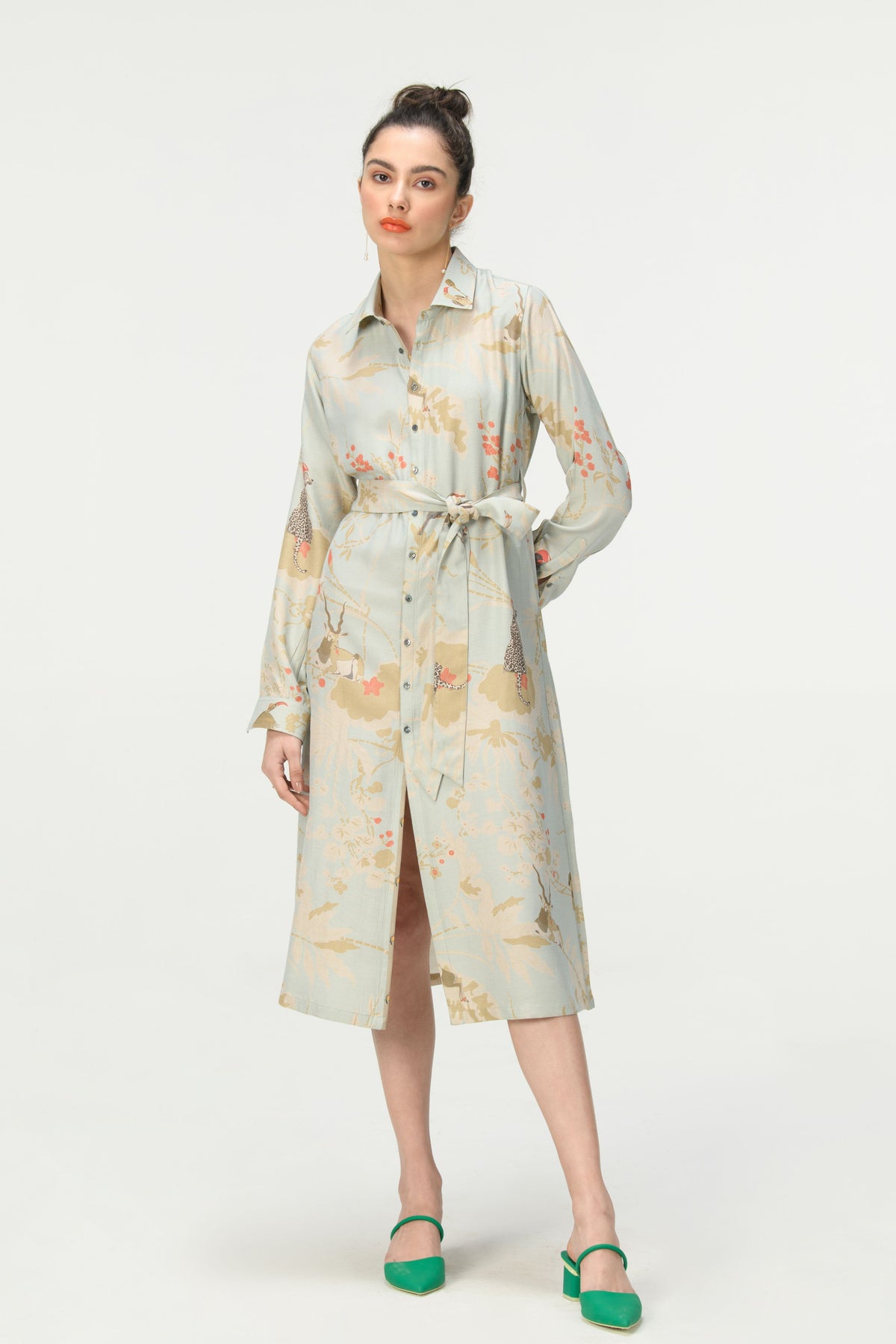 Springforest Ice Blue Tie Belt Shirt Dress