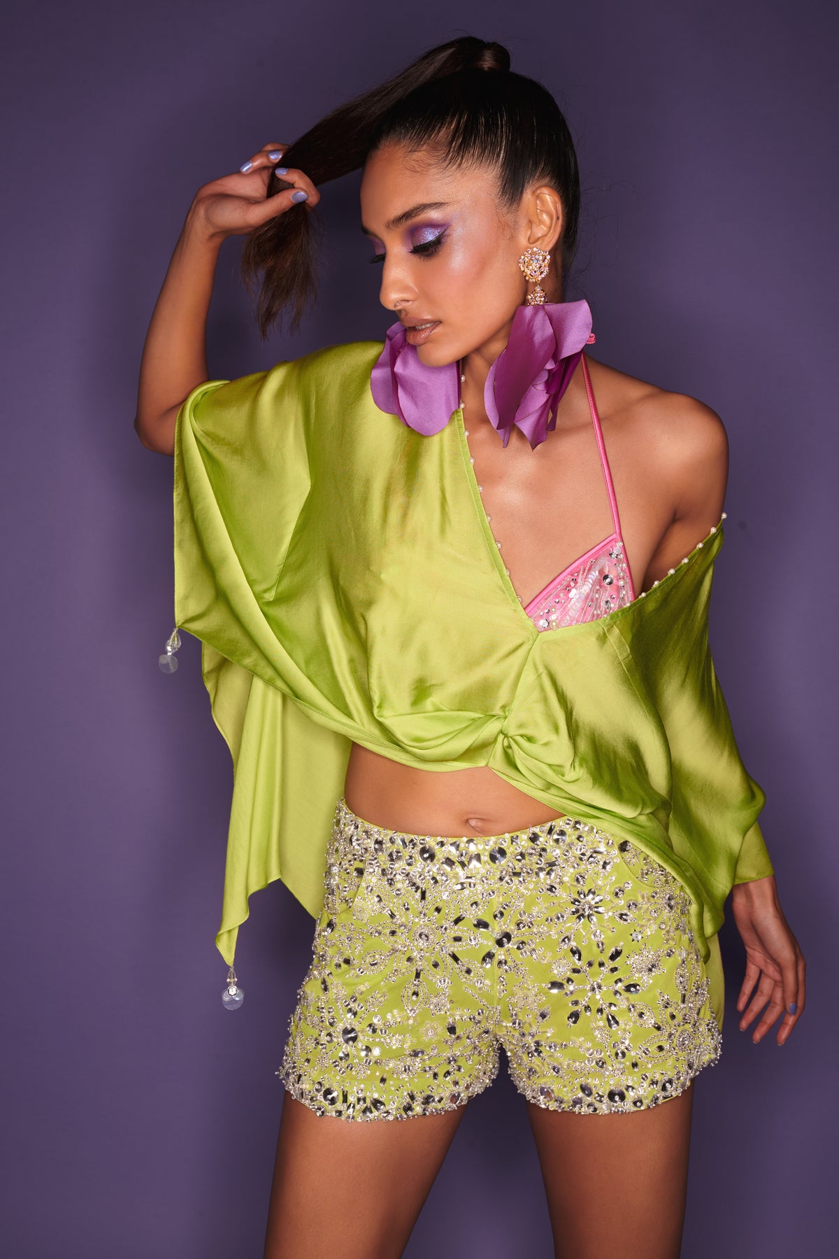 Citrus Green Diamante Hot Pants