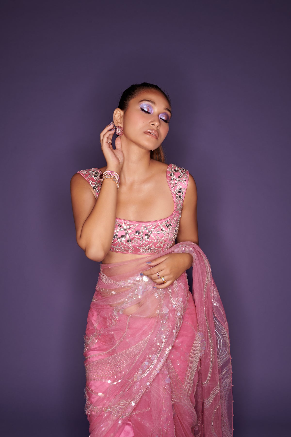 Dopamine pink sequins saree