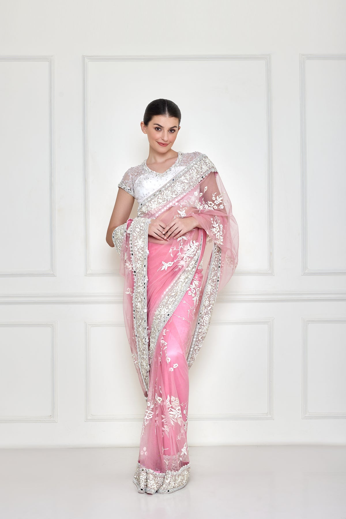 Old rose net saree