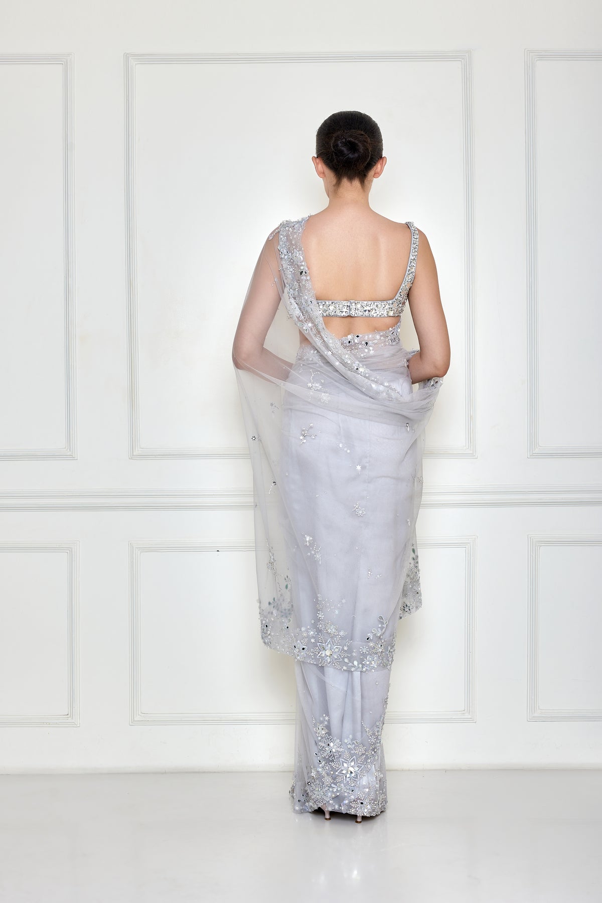 Ice grey mirror border net sari