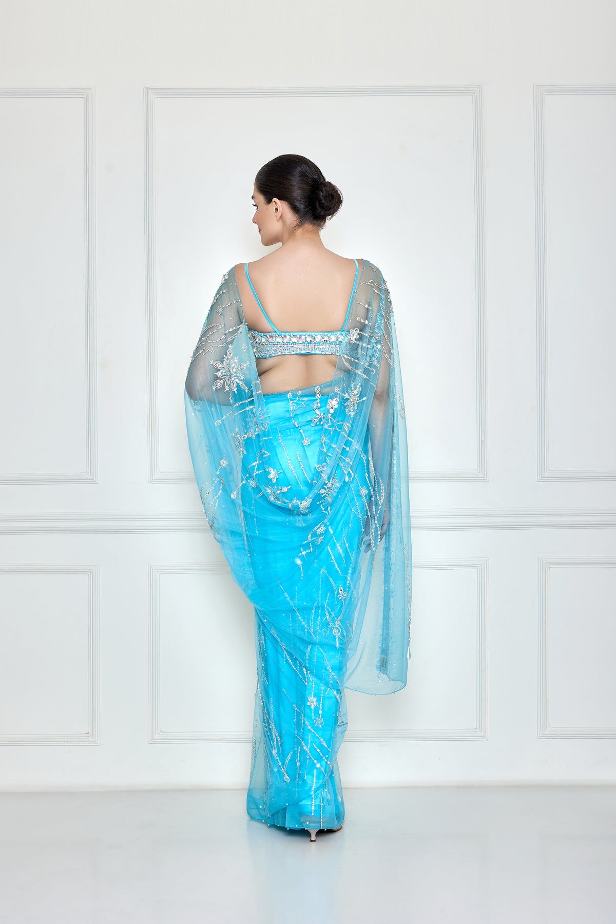 Vivid sky blue diamante net sari