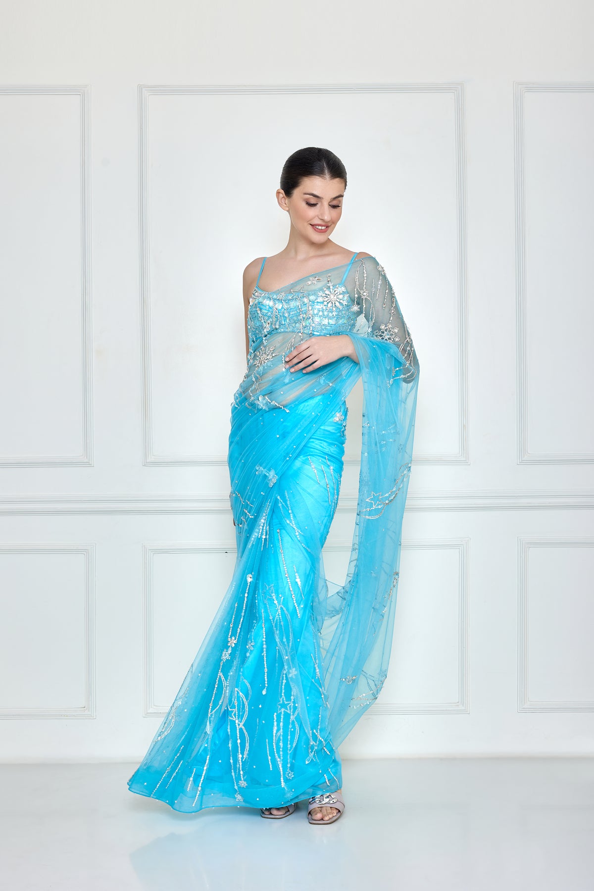 Vivid sky blue diamante net sari