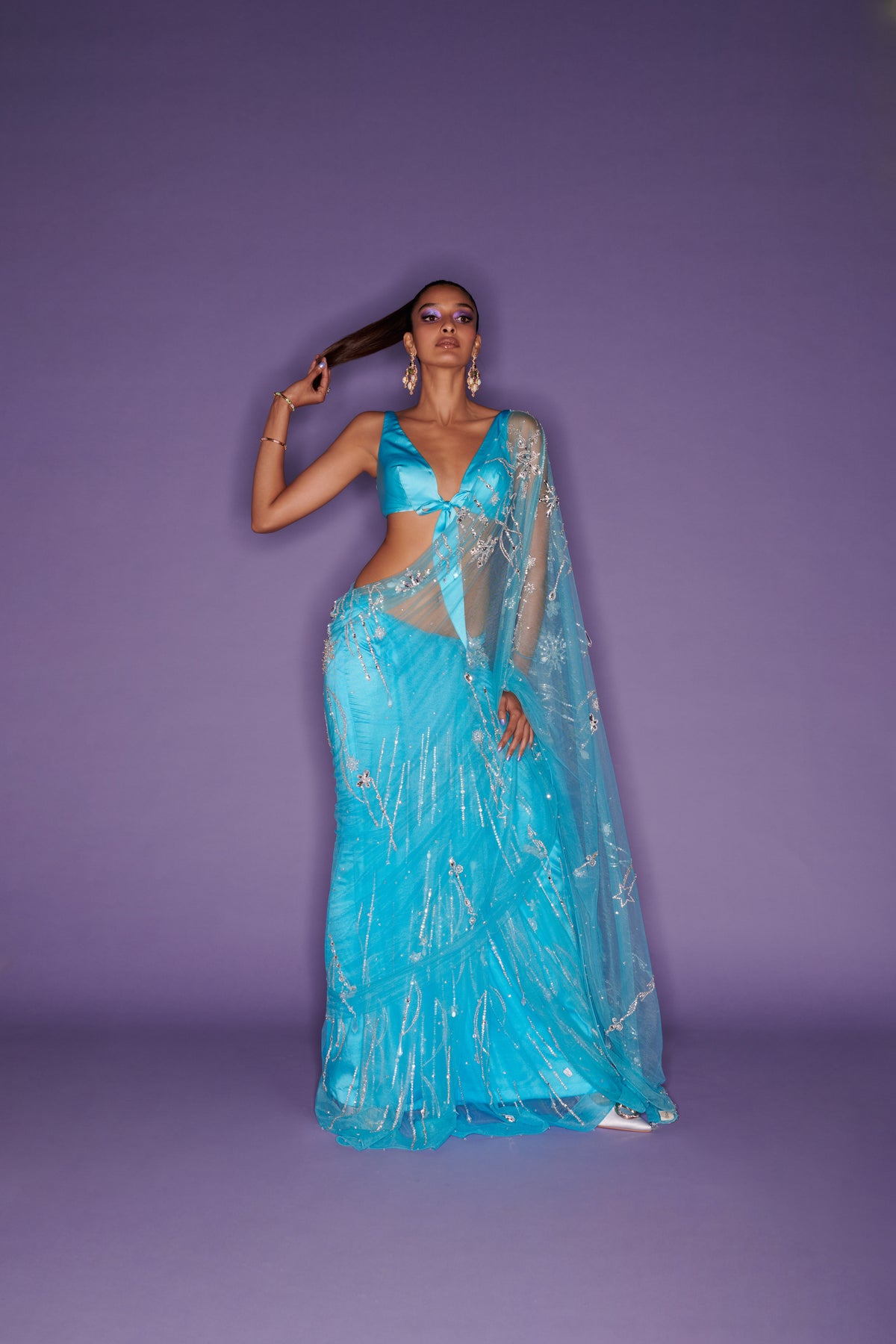 Vivid sky blue diamante net sari