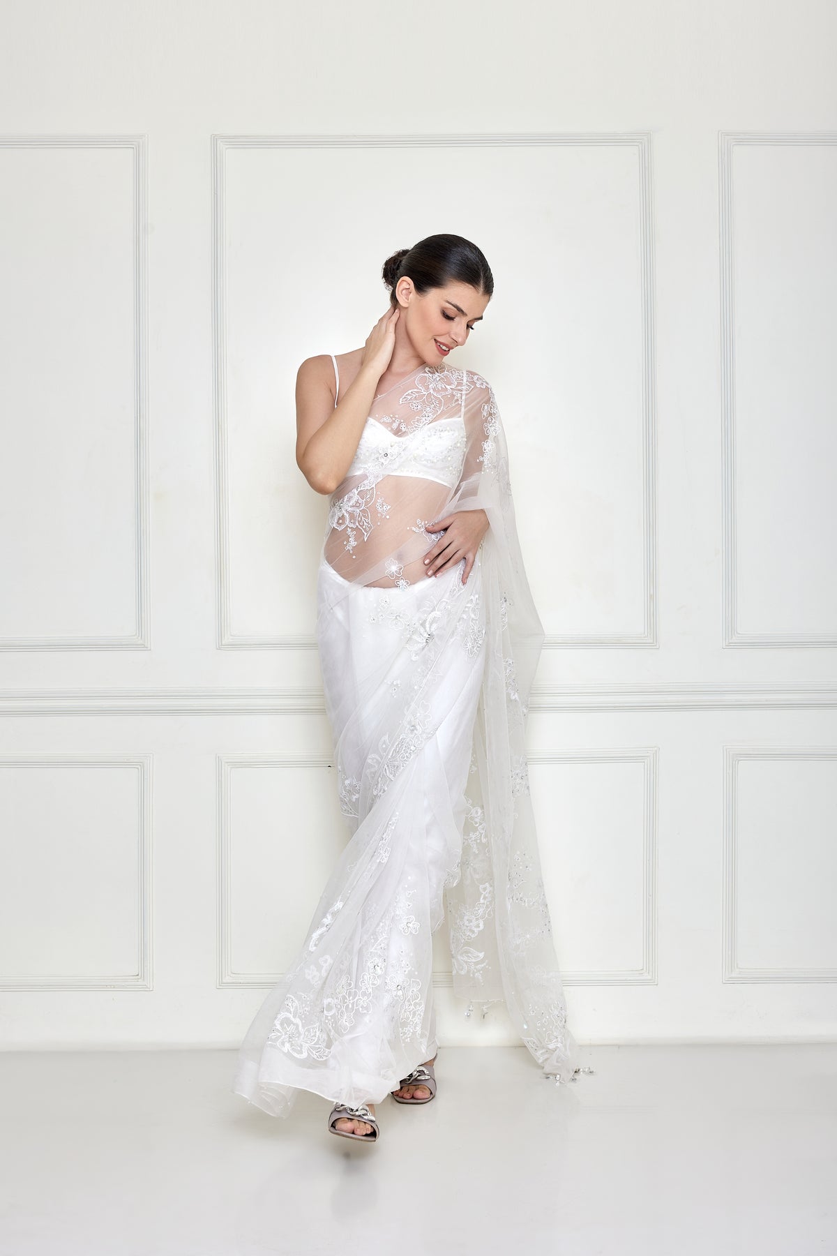 Frost white floral net sari