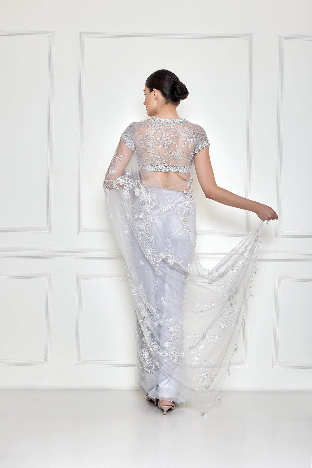 Ice grey floral sequins motif net sari