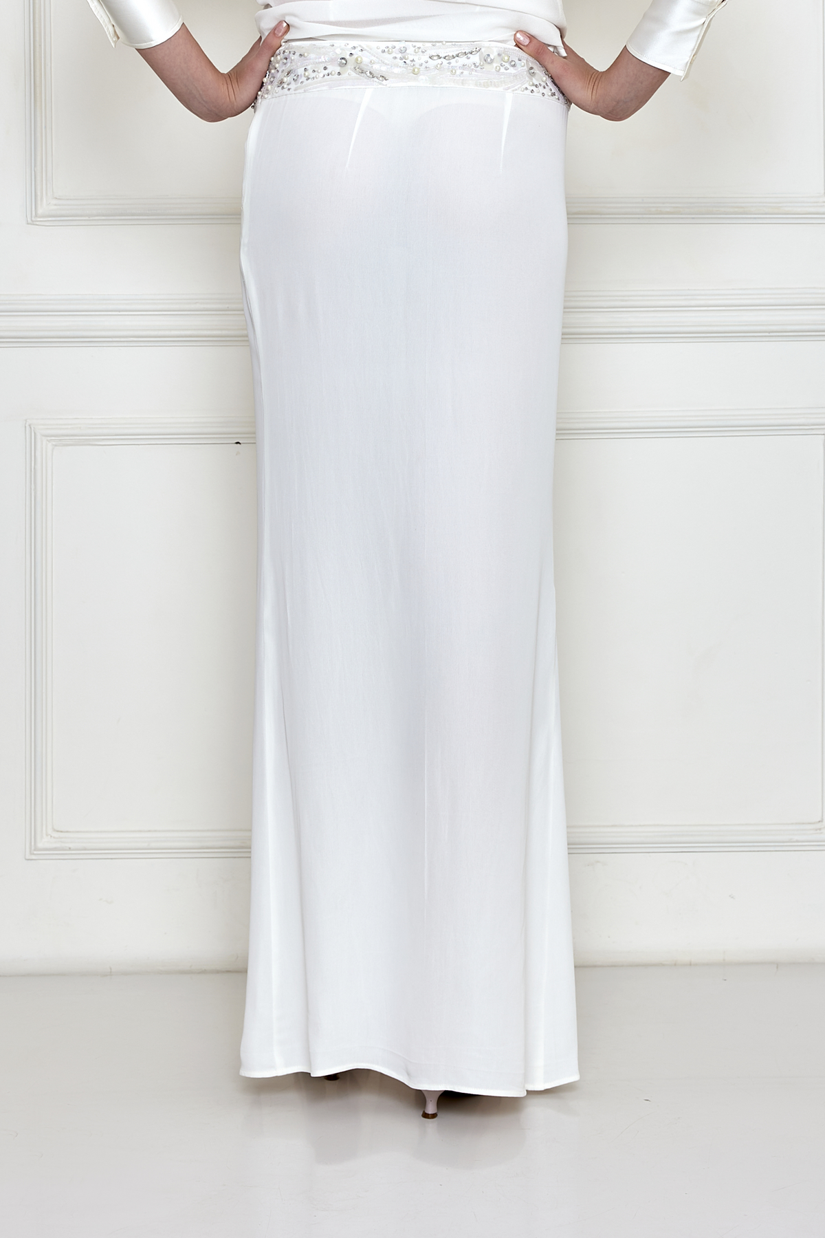 Ivory Embroidered  Slit Skirt