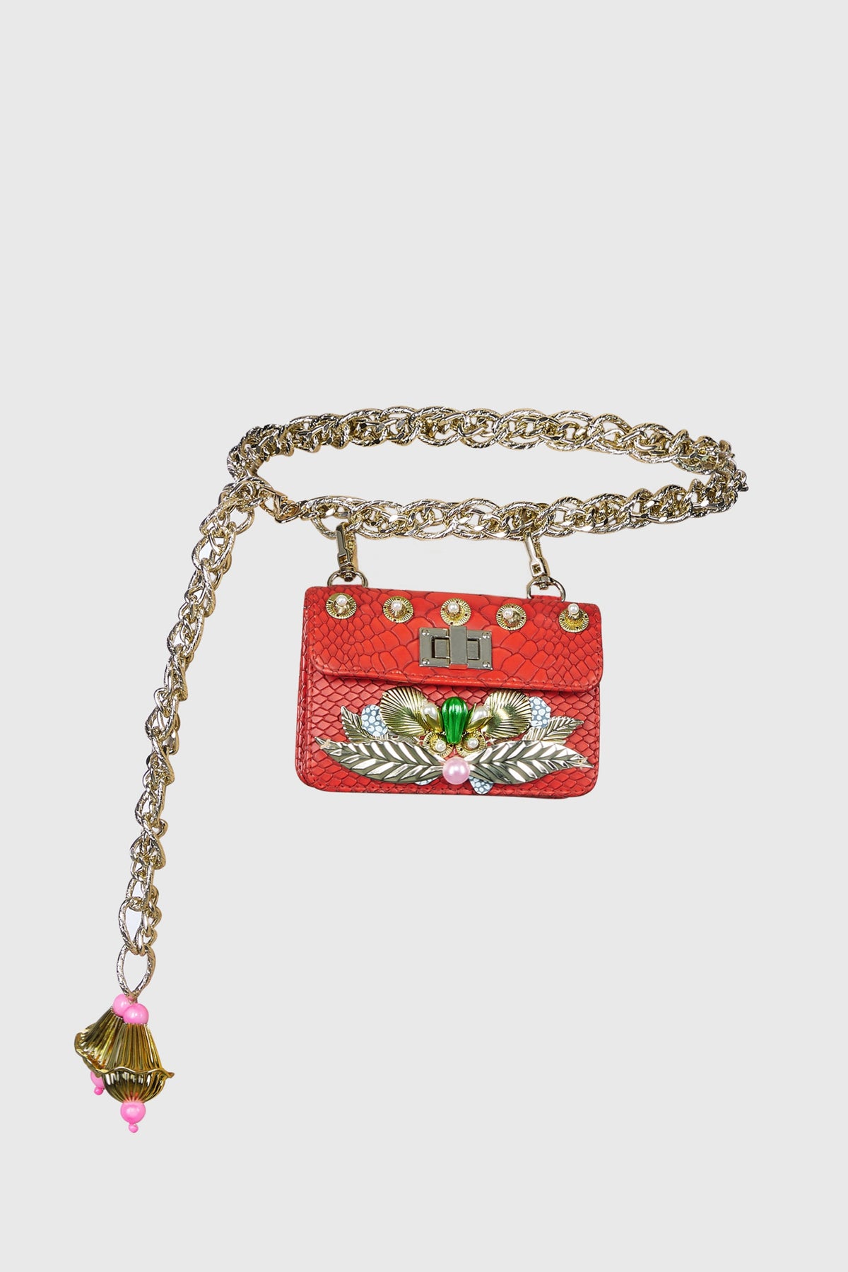 Red Chain-link Embellished Belt Bag